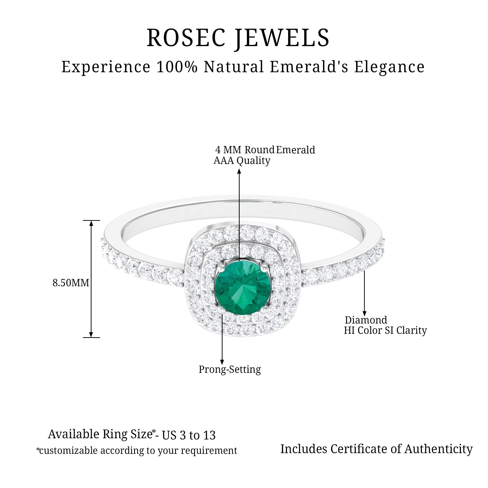 3/4 CT Emerald Engagement Ring with Diamond Double Halo Emerald - ( AAA ) - Quality - Rosec Jewels