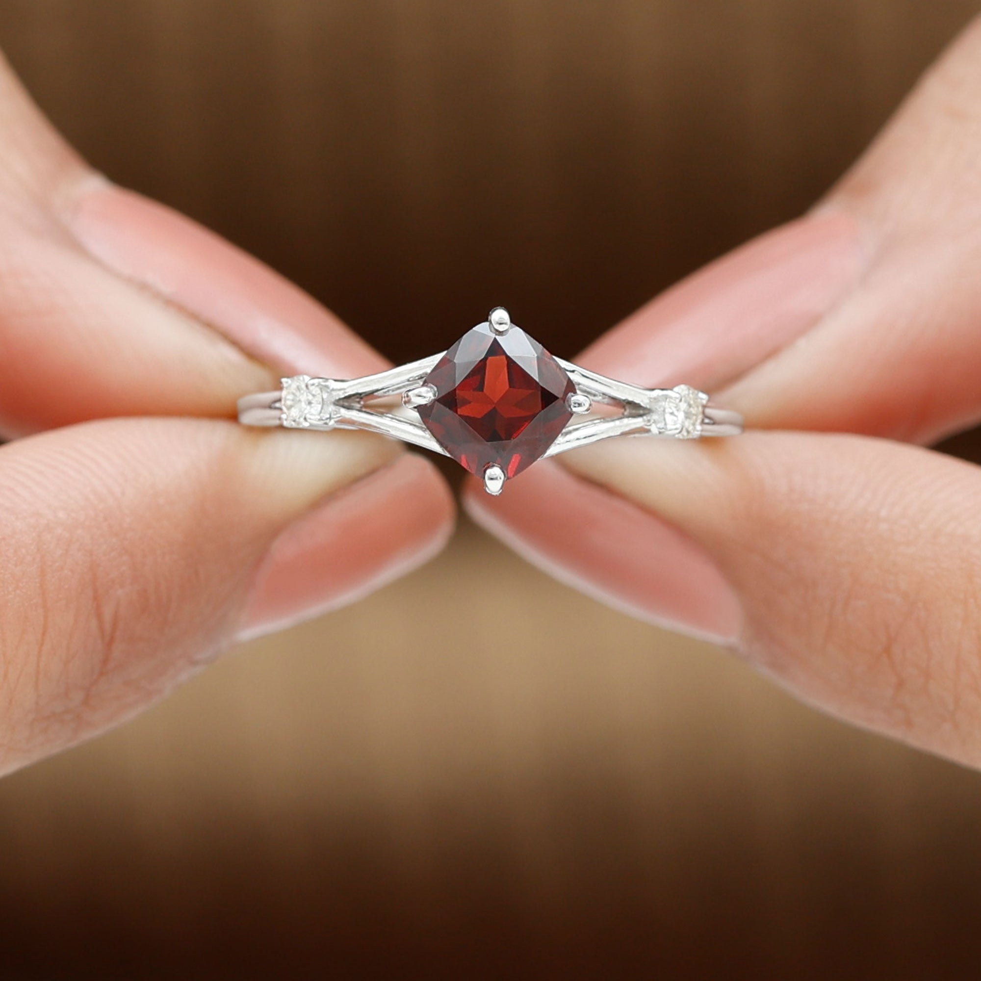 Cushion Cut Garnet Solitaire Split Shank Ring with Diamond Garnet - ( AAA ) - Quality - Rosec Jewels
