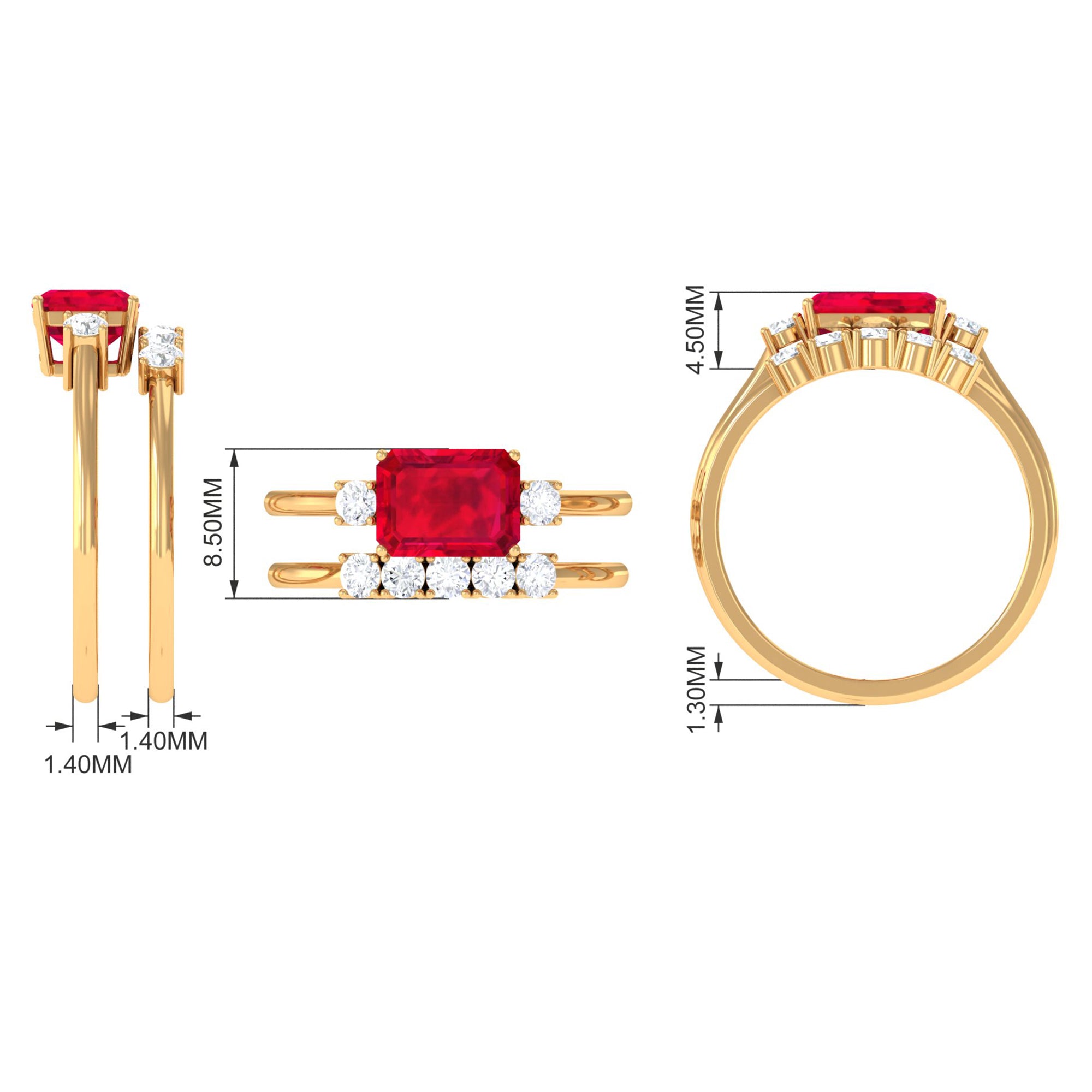 Emerald Cut Created Ruby Contemporary Wedding Ring Set with Diamond Lab Created Ruby - ( AAAA ) - Quality - Rosec Jewels