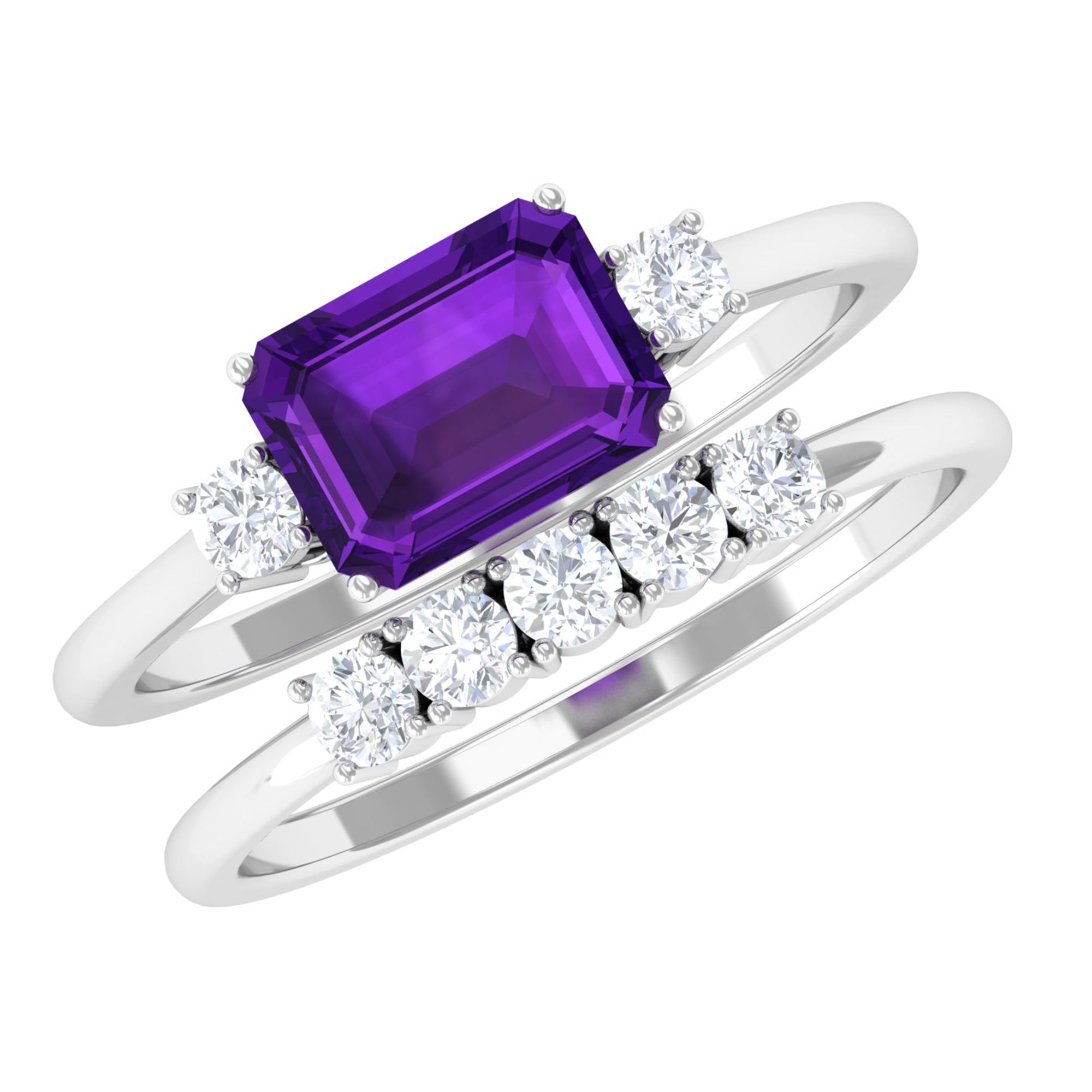 Octagon Cut Amethyst Contemporary Wedding Ring Set with Diamond Amethyst - ( AAA ) - Quality - Rosec Jewels
