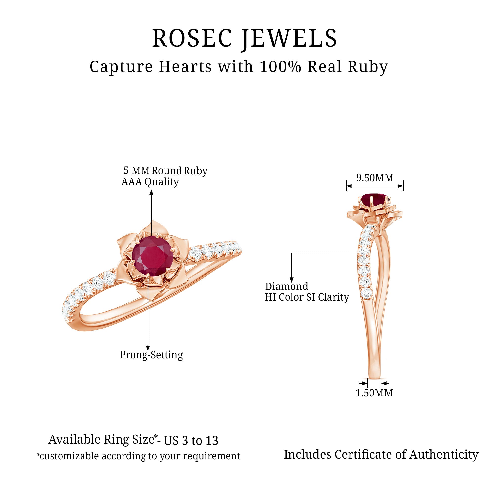 Floral Inspired Ruby Rose Engagement Ring with Diamond Ruby - ( AAA ) - Quality - Rosec Jewels