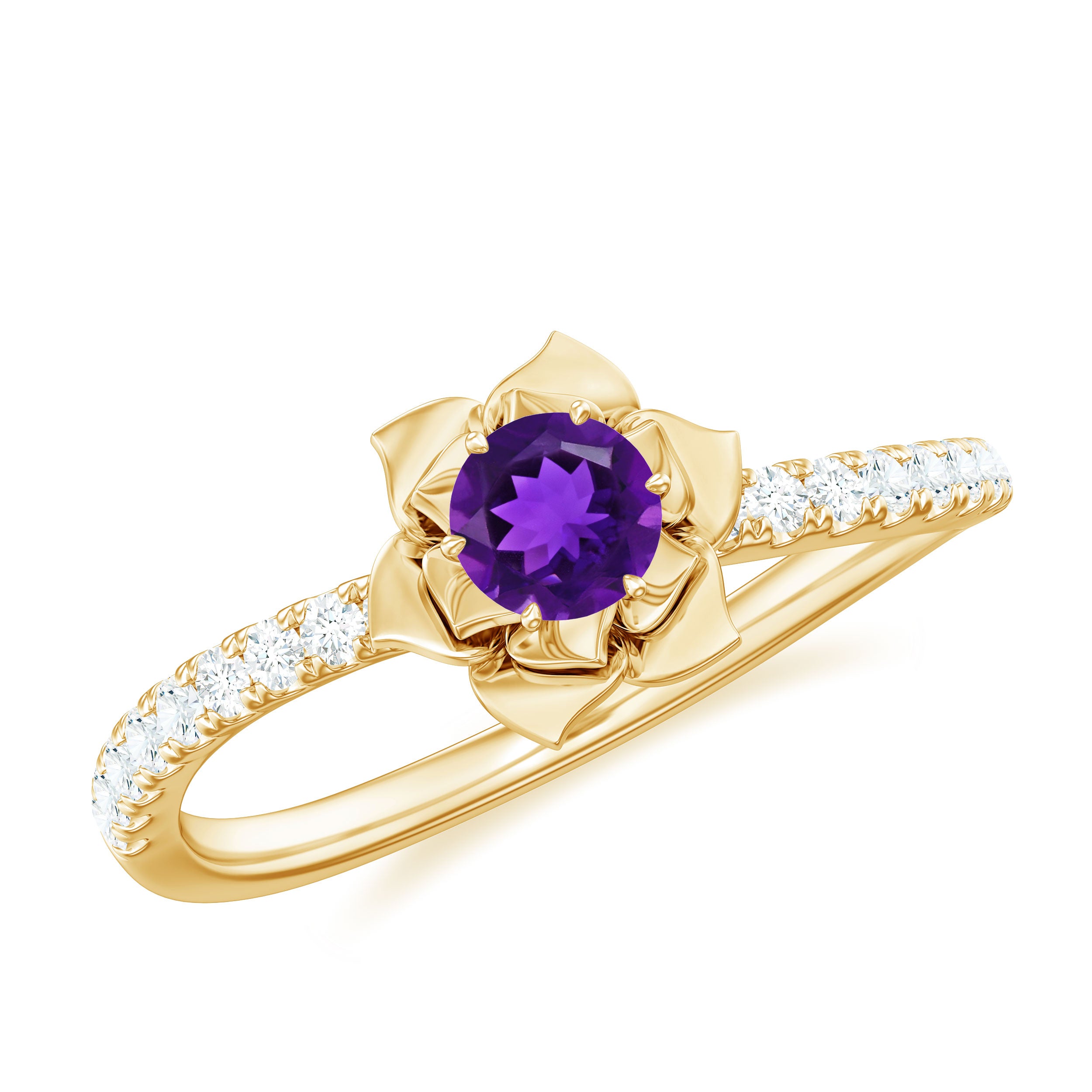 Floral Inspired Amethyst Rose Engagement Ring with Diamond Amethyst - ( AAA ) - Quality - Rosec Jewels