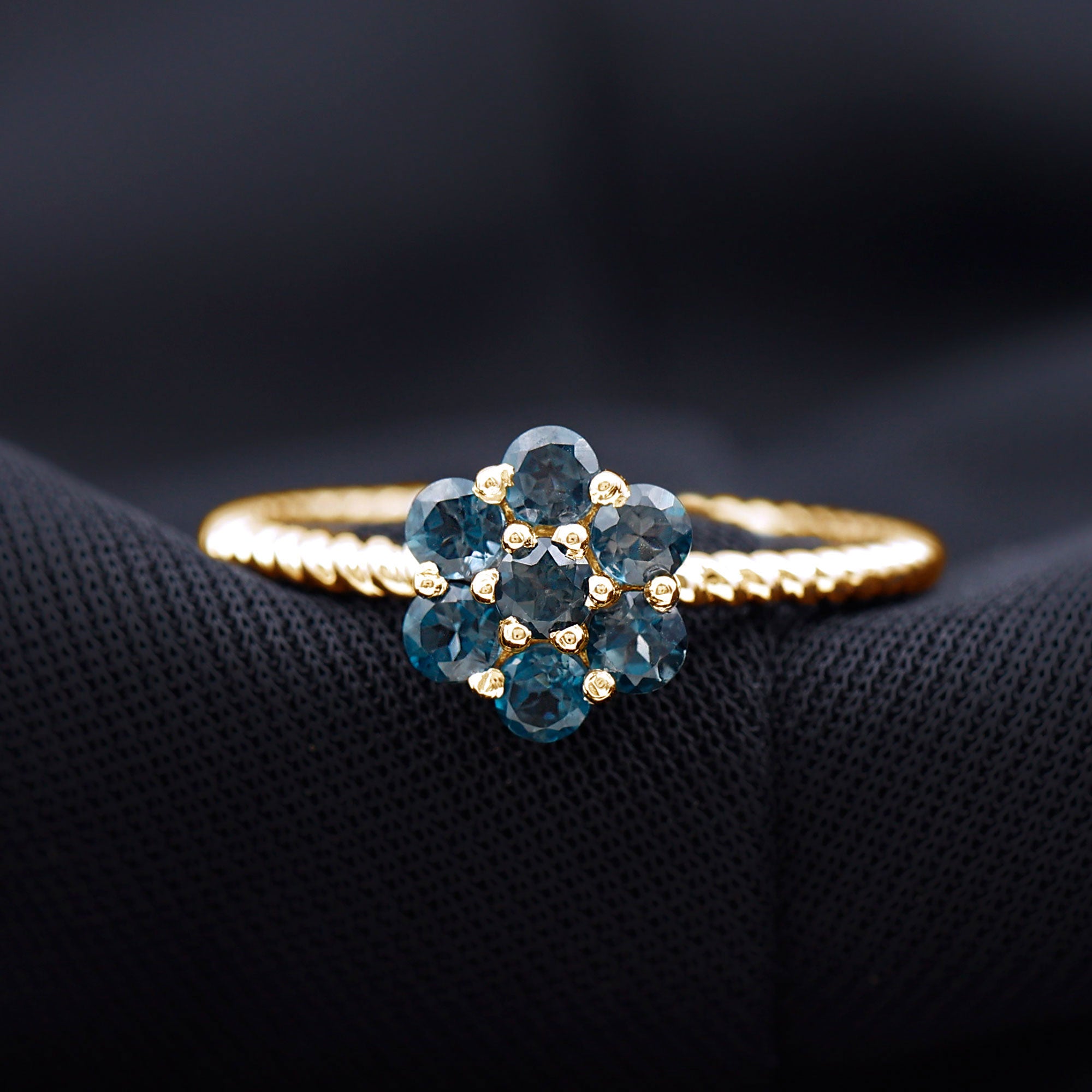 1.25 CT London Blue Topaz Floral Cluster Ring with Twisted Rope Details London Blue Topaz - ( AAA ) - Quality - Rosec Jewels