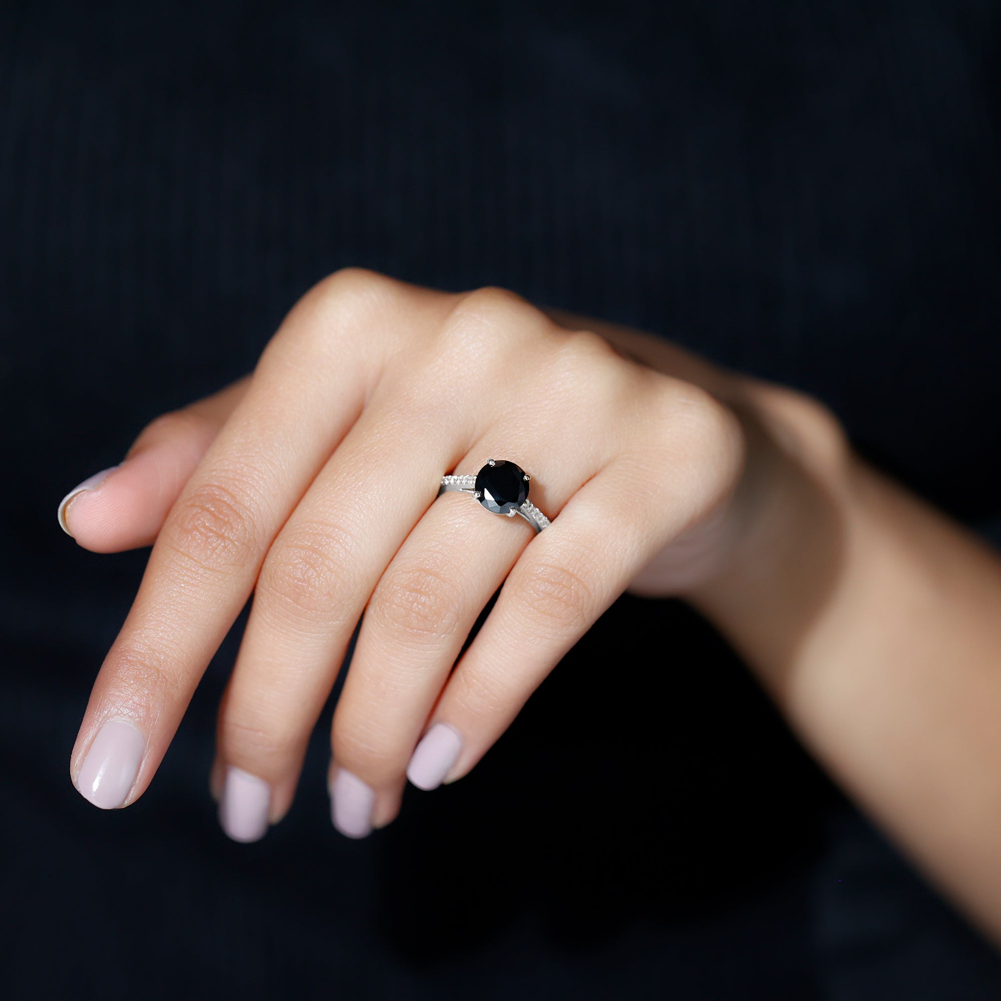 Real Black Onyx Solitaire Engagement Ring with Diamond Rosec Jewels
