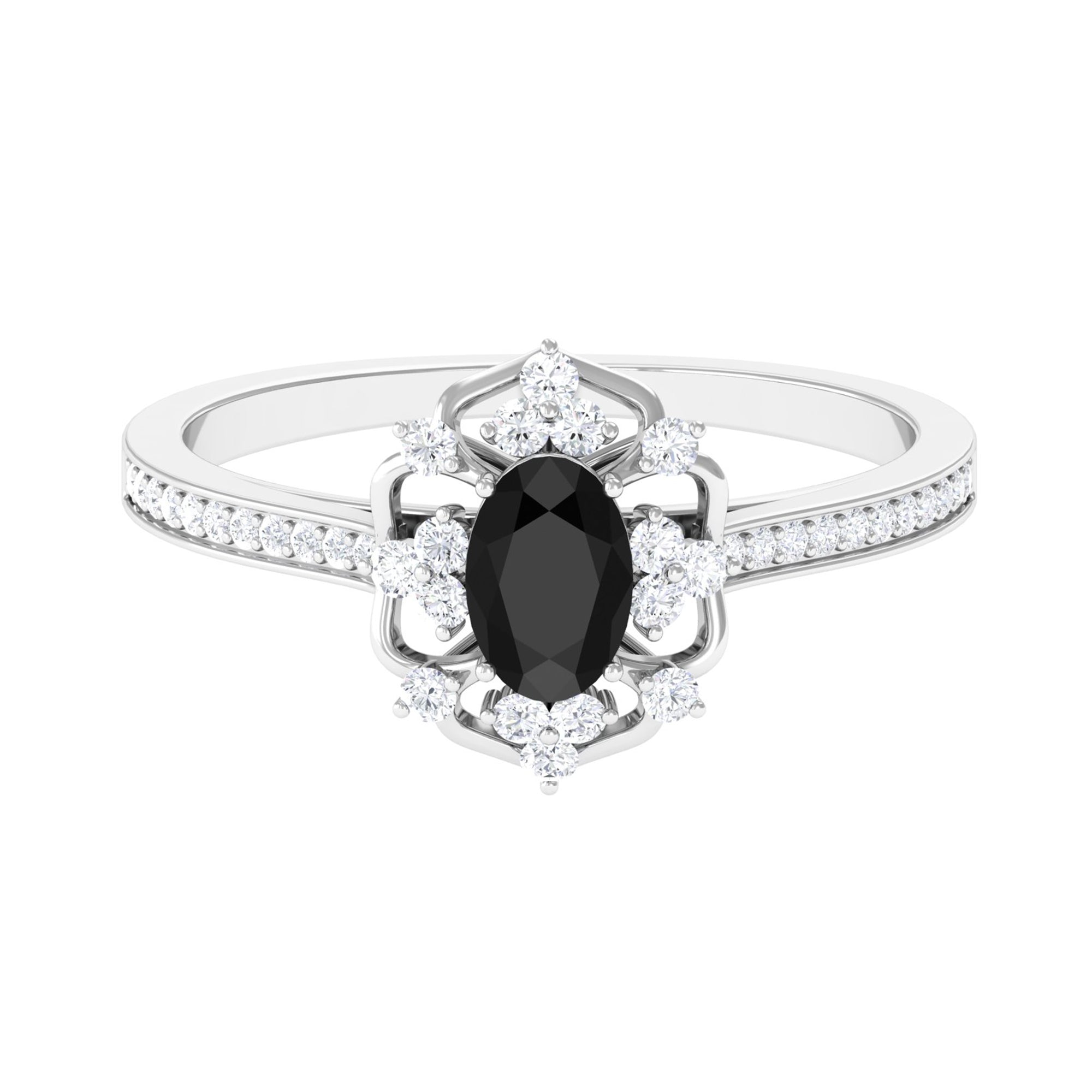 Vintage Inspired Black Onyx Floral Engagement Ring with Diamond 18K White Gold - Rosec Jewels