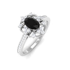 Vintage Inspired Black Onyx Floral Engagement Ring with Diamond Black Onyx - ( AAA ) - Quality - Rosec Jewels