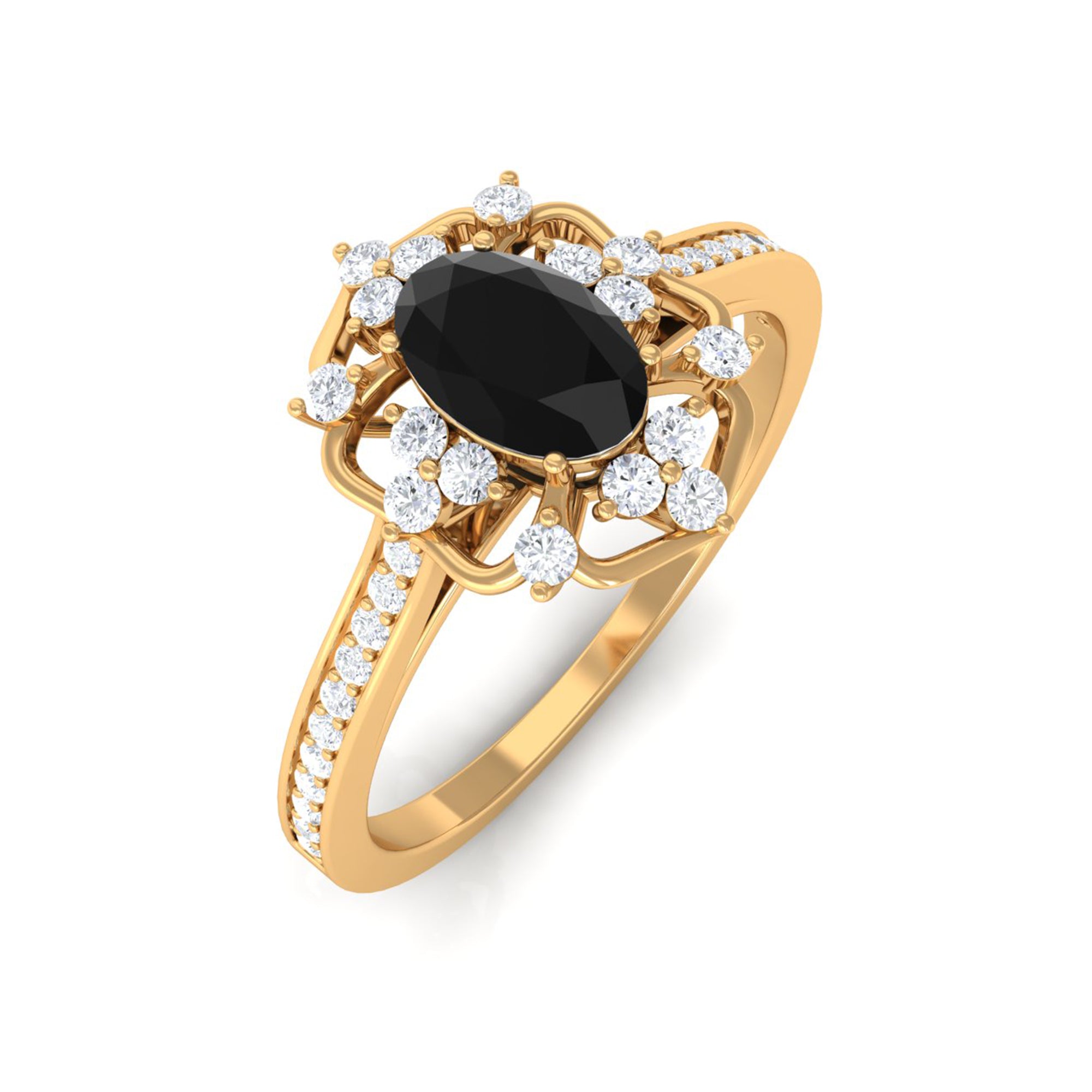 Vintage Inspired Black Onyx Floral Engagement Ring with Diamond Black Onyx - ( AAA ) - Quality - Rosec Jewels