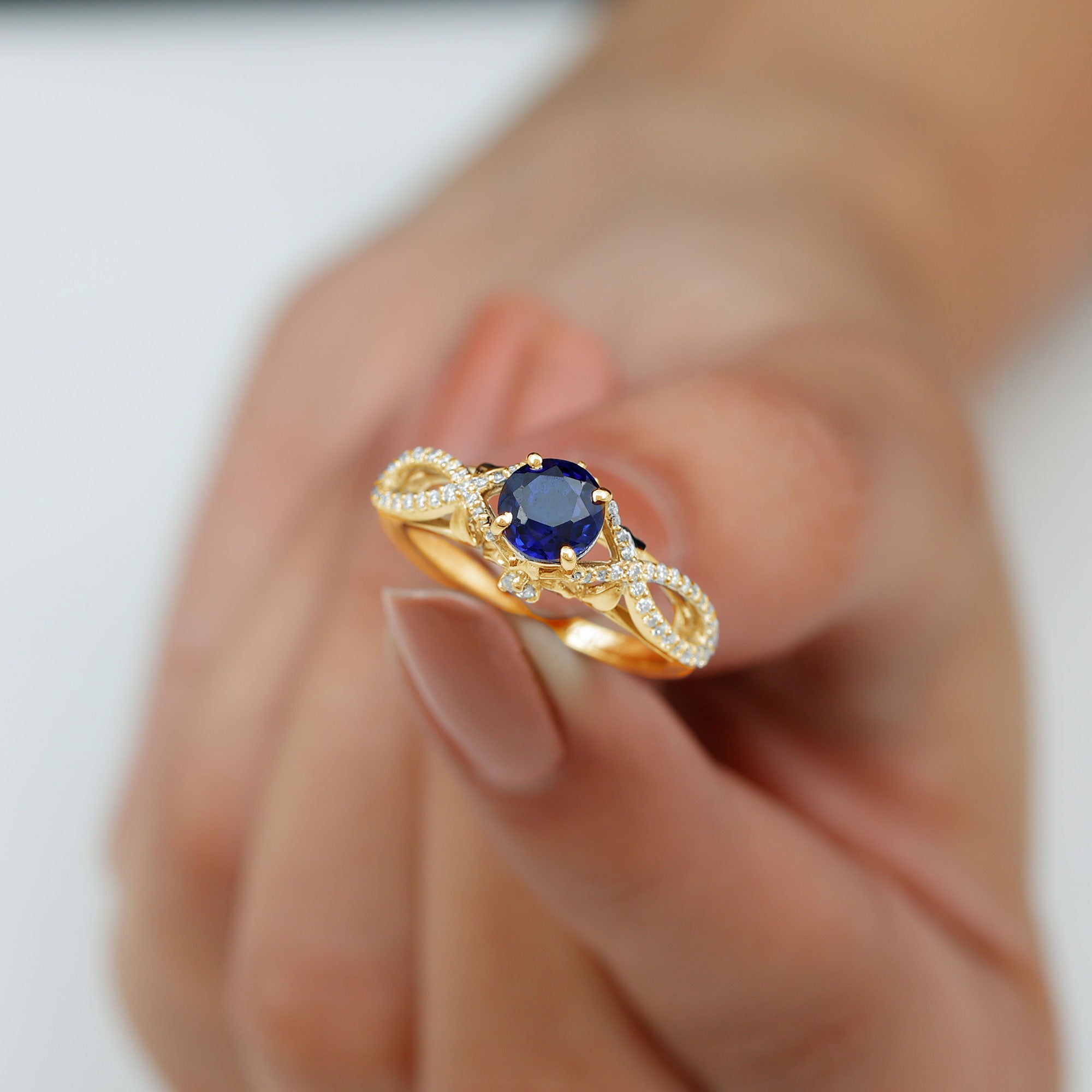 Lab Grown Blue Sapphire Crossover Engagement Ring with Diamond Lab Created Blue Sapphire - ( AAAA ) - Quality - Rosec Jewels