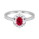 Vintage Style Created Ruby and Diamond Flower Engagement Ring Lab Created Ruby - ( AAAA ) - Quality - Rosec Jewels