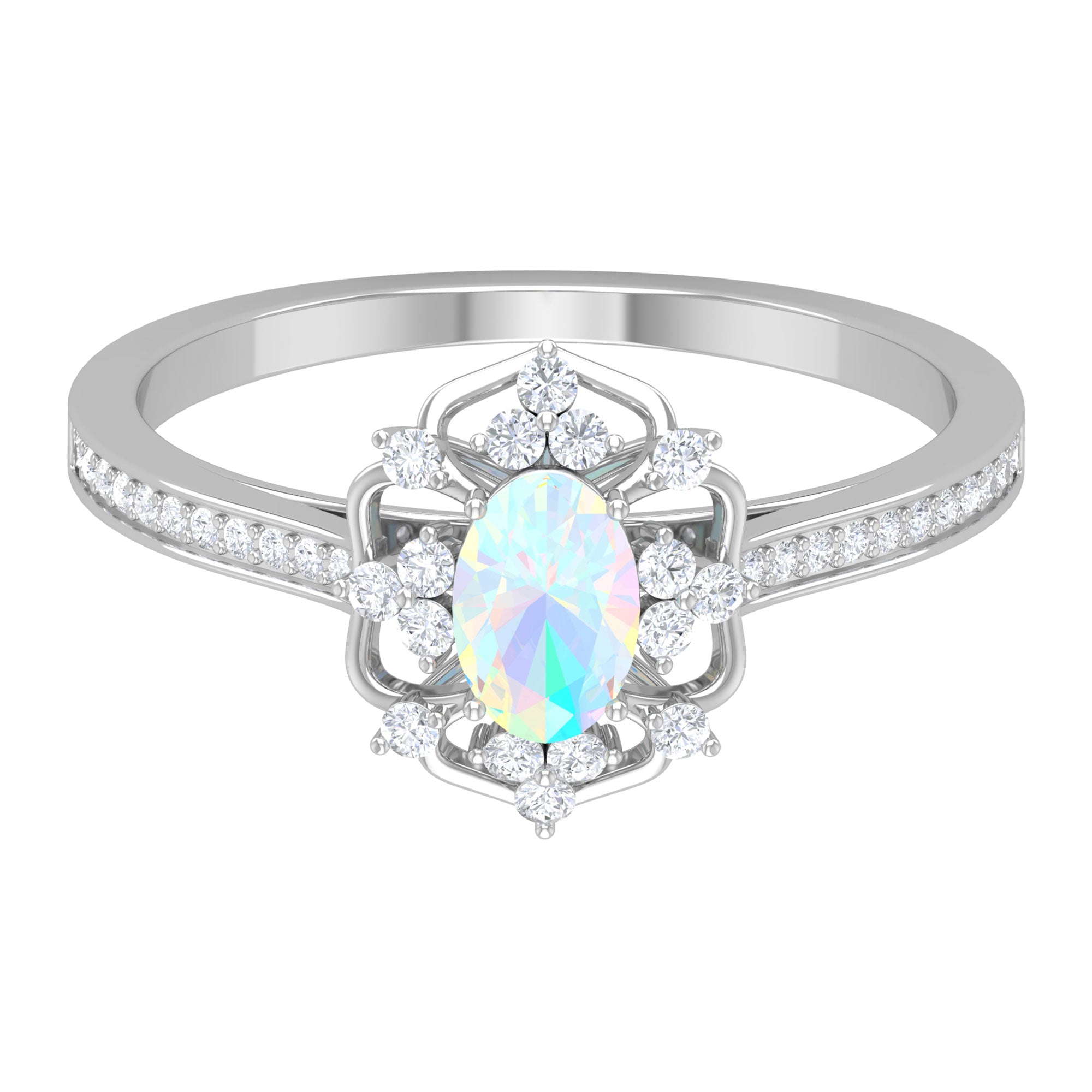 Rosec Jewels-Vintage Style Ethiopian Opal and Diamond Floral Engagement Ring