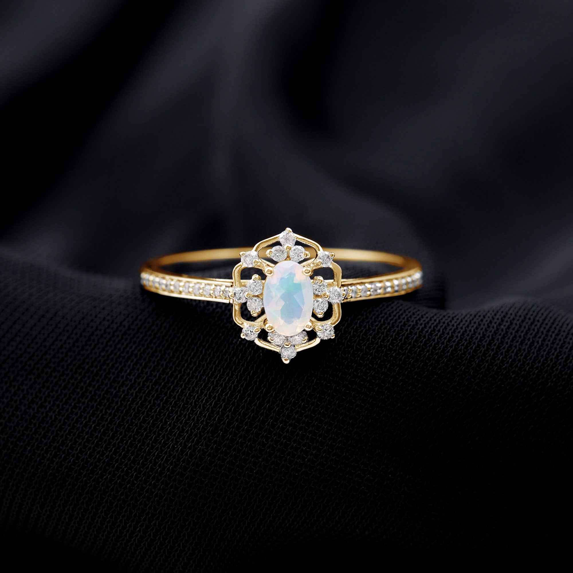 Vintage Style Ethiopian Opal and Diamond Floral Engagement Ring Ethiopian Opal - ( AAA ) - Quality - Rosec Jewels