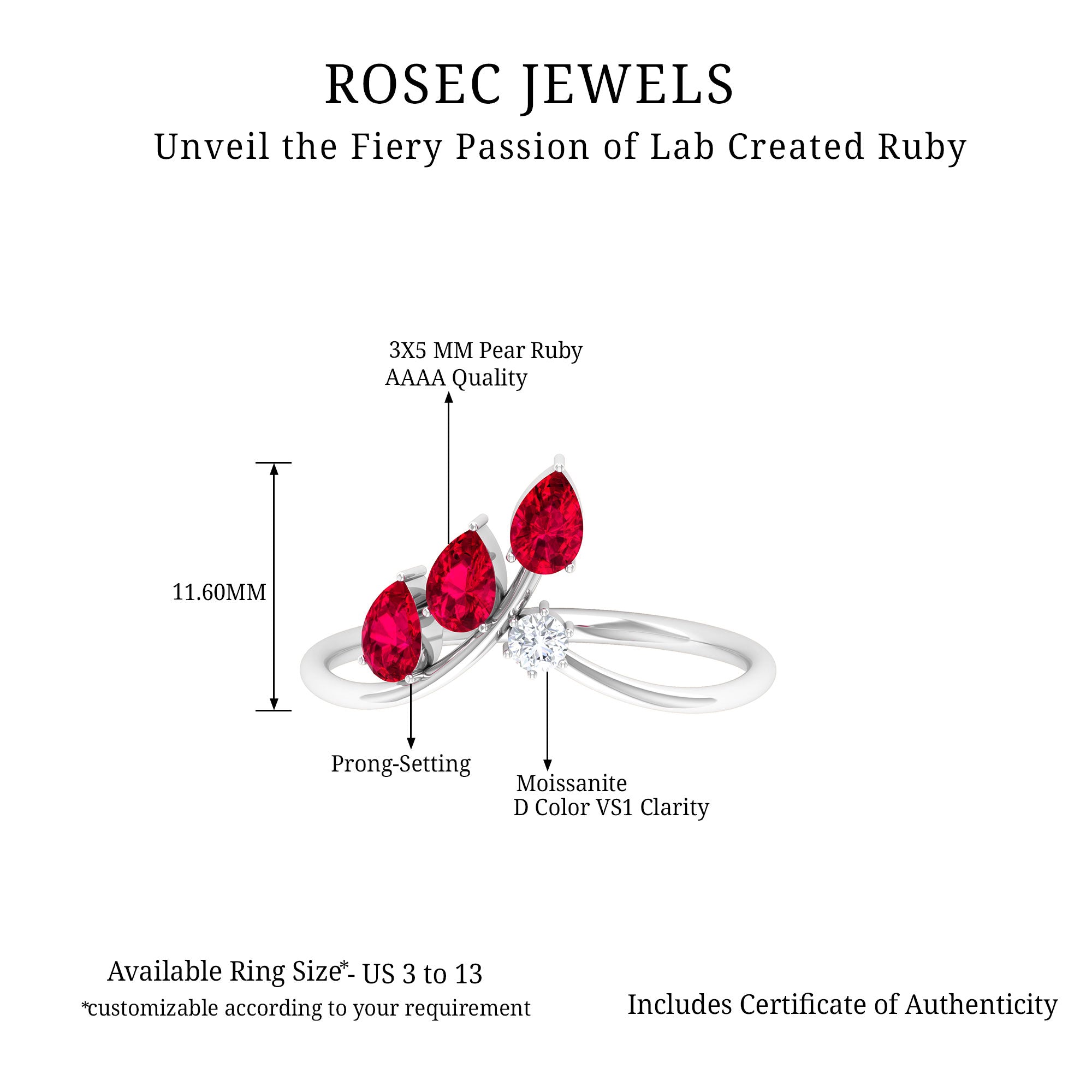 Lab Grown Ruby and Moissanite Leaf Enhancer Ring Lab Created Ruby - ( AAAA ) - Quality - Rosec Jewels