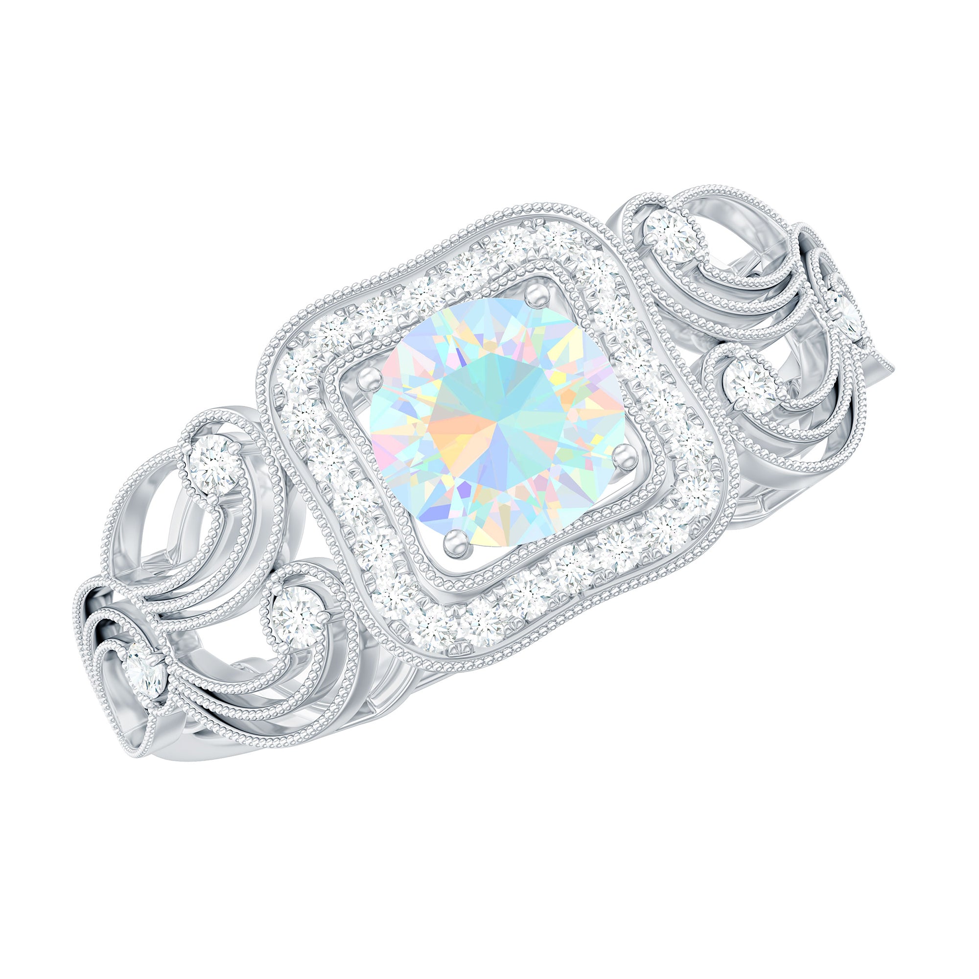 Rosec Jewels-3/4 CT Ethiopian Opal and Diamond Art Deco Engagement Ring with Gold Milgrain Details