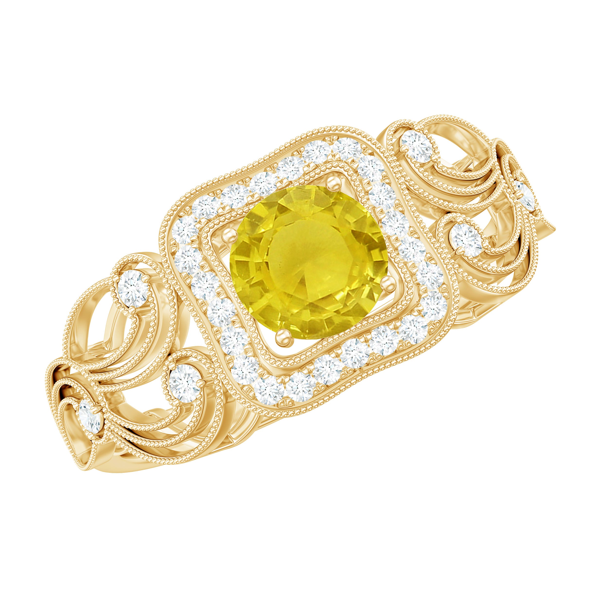 Yellow Sapphire Vintage Engagement Ring with Diamond Halo Yellow Sapphire - ( AAA ) - Quality - Rosec Jewels