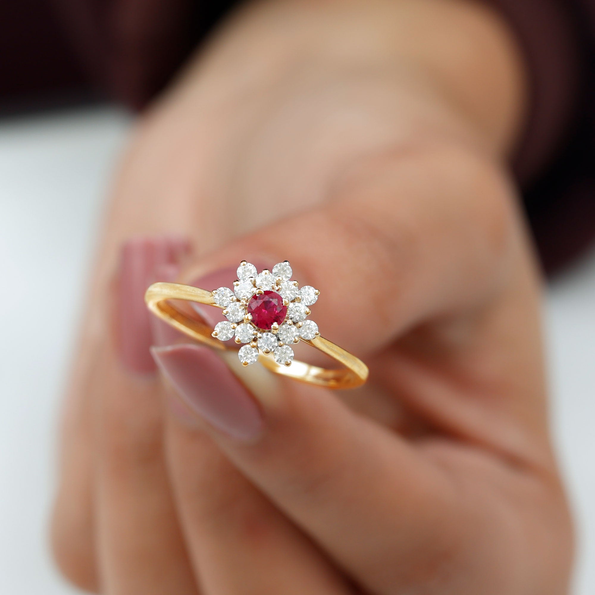 Lab Grown Ruby and Diamond Flower Cluster Engagement Ring Lab Created Ruby - ( AAAA ) - Quality - Rosec Jewels