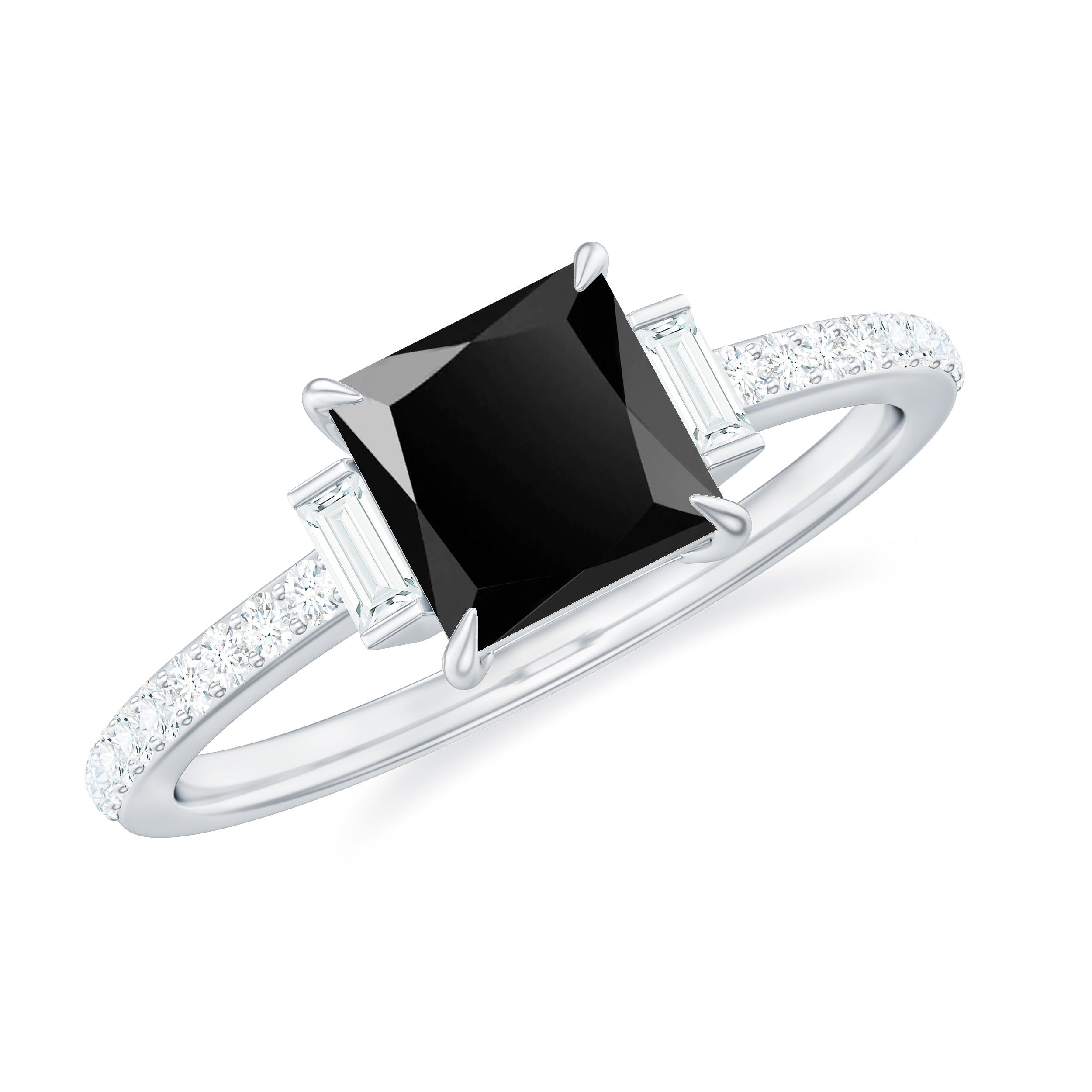 Anillo solitario de diamante negro creado en talla princesa con piedras laterales de diamantes Lab Created Black Diamond AAAA Quality 92.5