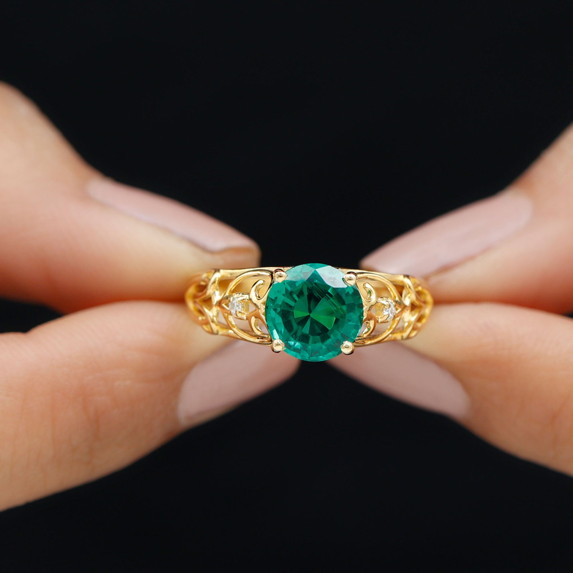 Antique Style Lab Grown Emerald and Diamond Solitaire Ring Lab Created Emerald - ( AAAA ) - Quality - Rosec Jewels