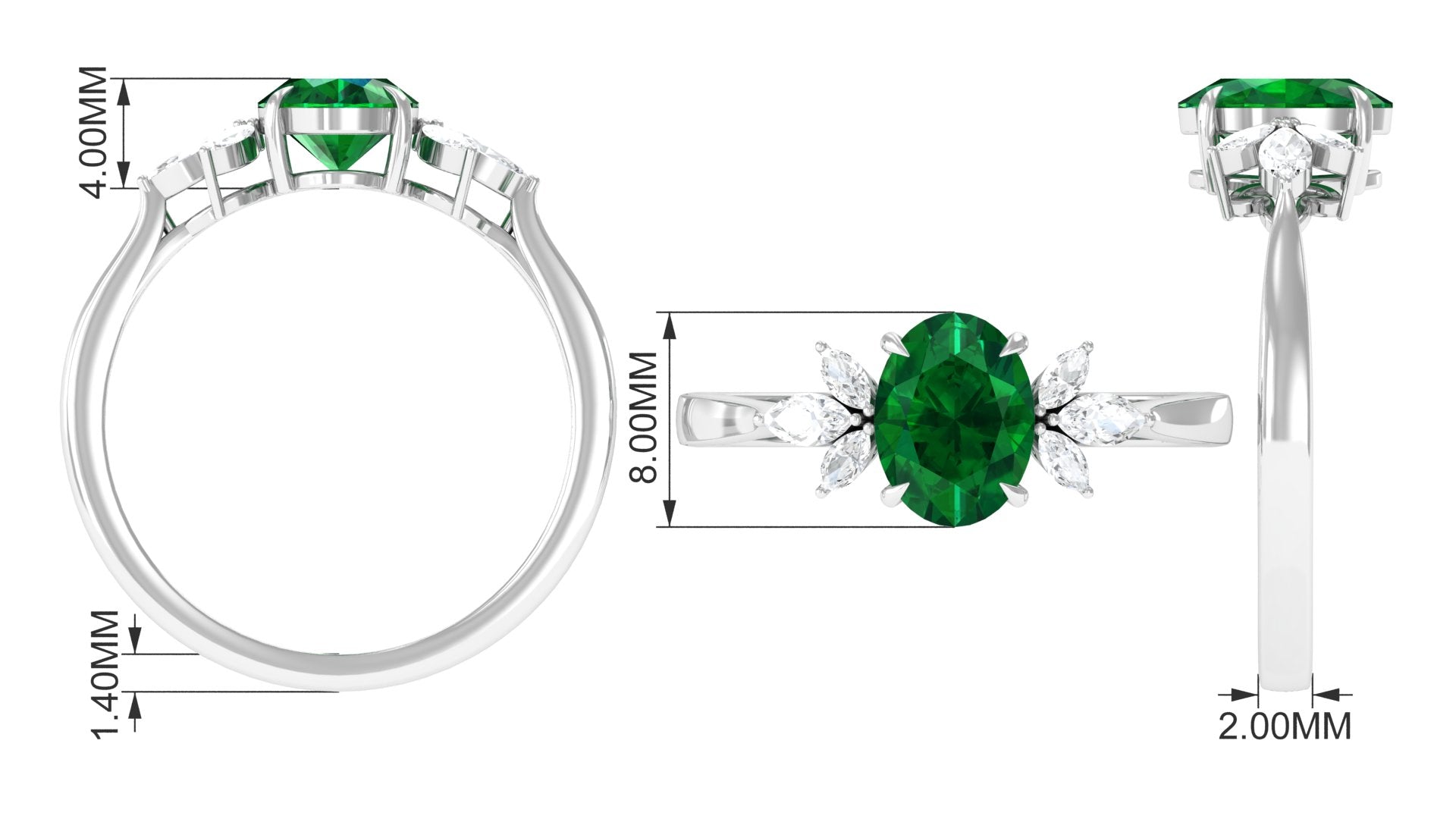 1.50 CT Claw Set Oval shape Emerald Solitaire and Marquise Diamond Trio Ring Emerald - ( AAA ) - Quality - Rosec Jewels