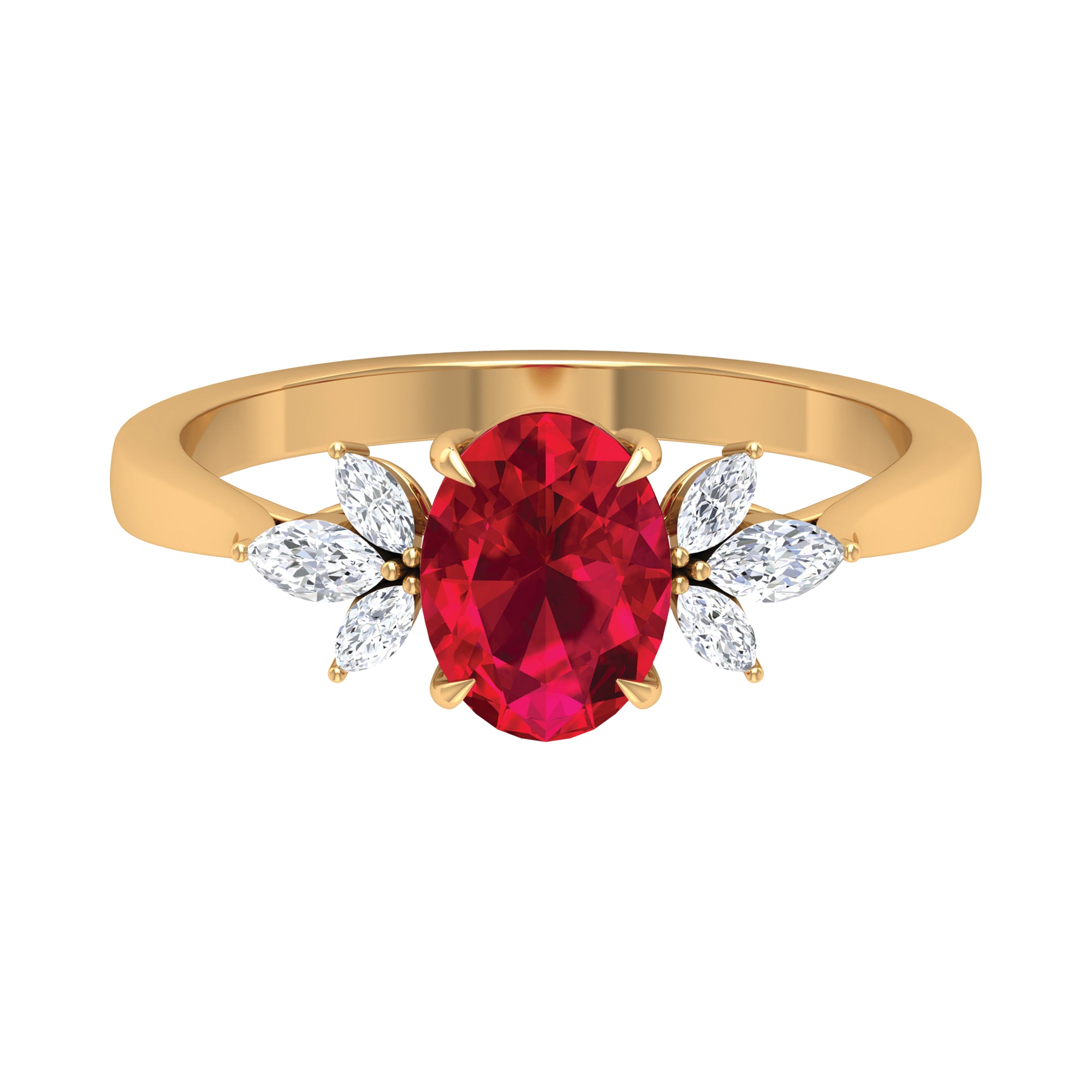 Claw Set Oval Created Ruby Solitaire Ring with Marquise Diamond Trio Lab Created Ruby - ( AAAA ) - Quality - Rosec Jewels