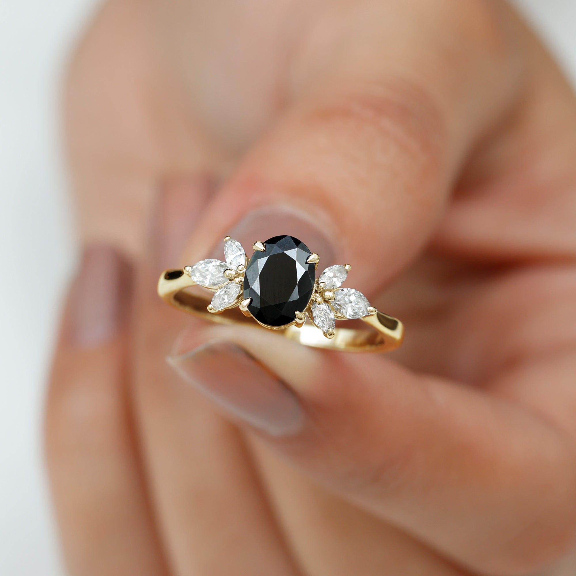 Claw Set Black Spinel Solitaire Ring with Marquise Diamond Trio Black Spinel - ( AAA ) - Quality - Rosec Jewels