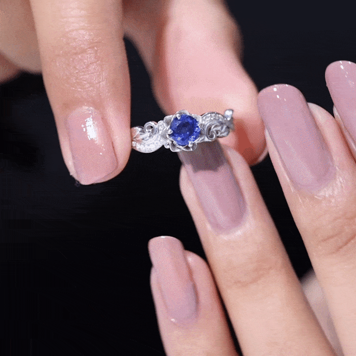 Flower Inspired Created Blue Sapphire and Diamond Engagement Ring Lab Created Blue Sapphire - ( AAAA ) - Quality - Rosec Jewels