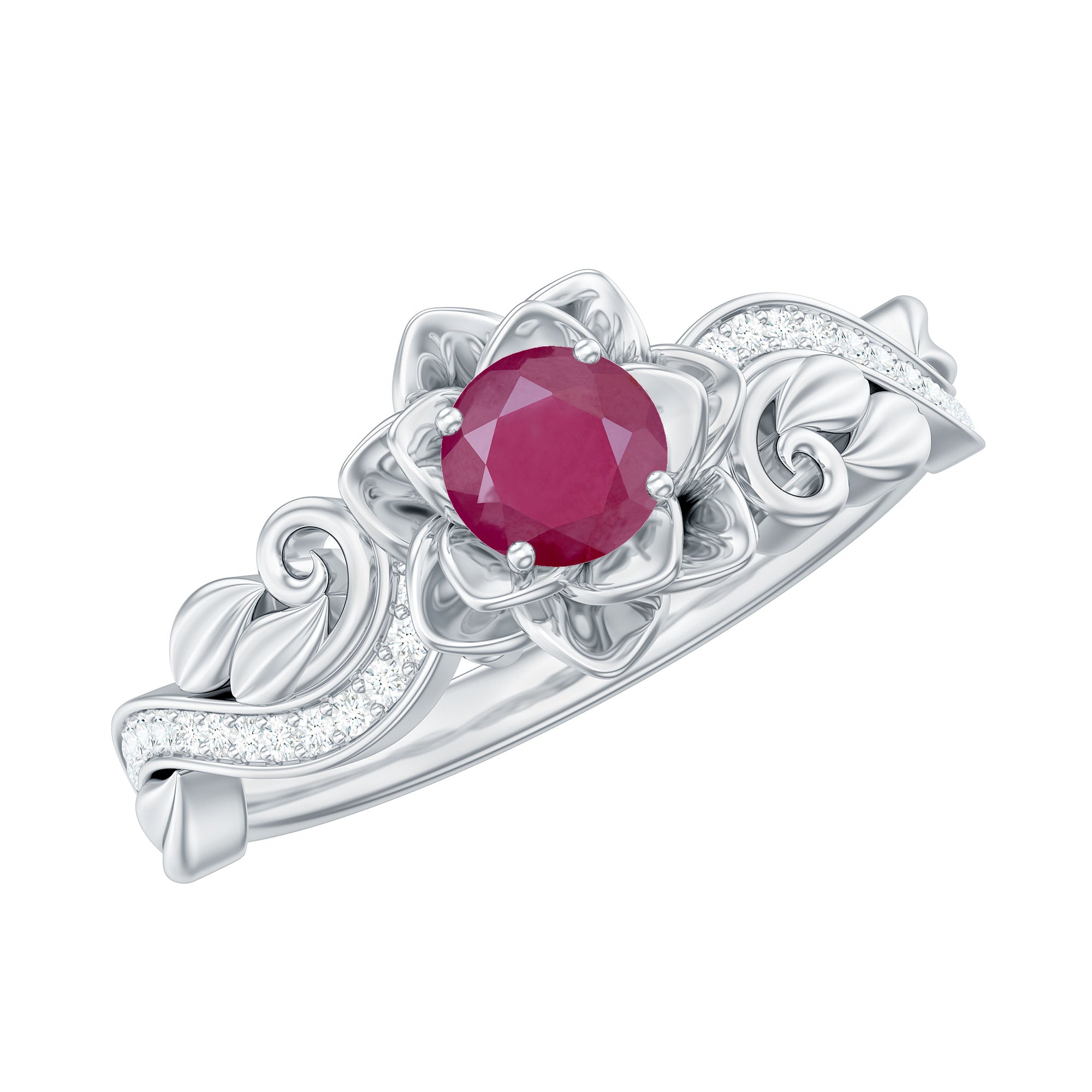 Flower Inspired Ruby and Diamond Engagement Ring Ruby - ( AAA ) - Quality - Rosec Jewels