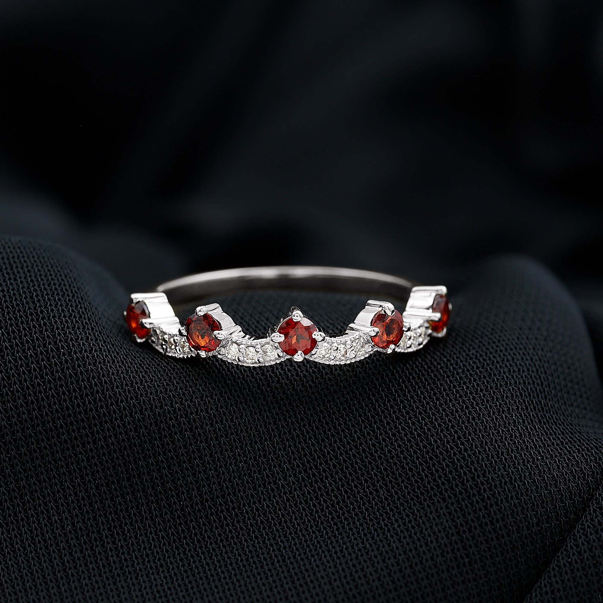 1 CT Garnet and Diamond Stackable Wave Ring Garnet - ( AAA ) - Quality - Rosec Jewels