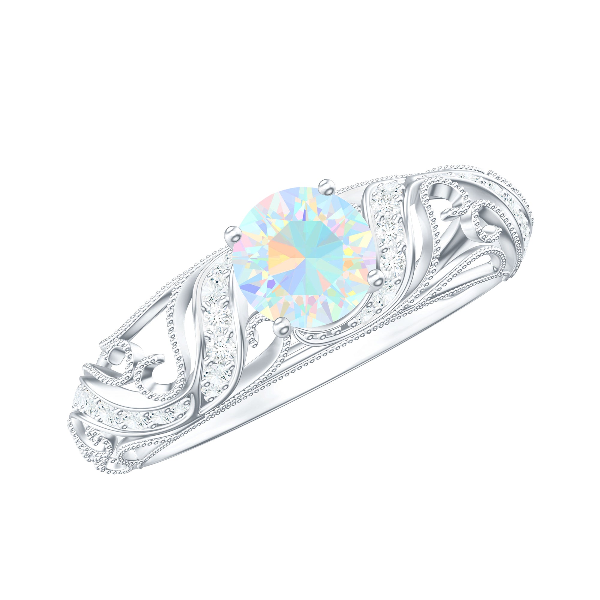 Round Shape Genuine Ethiopian Opal Vintage Inspired Engagement Ring with Diamond Ethiopian Opal - ( AAA ) - Quality - Rosec Jewels