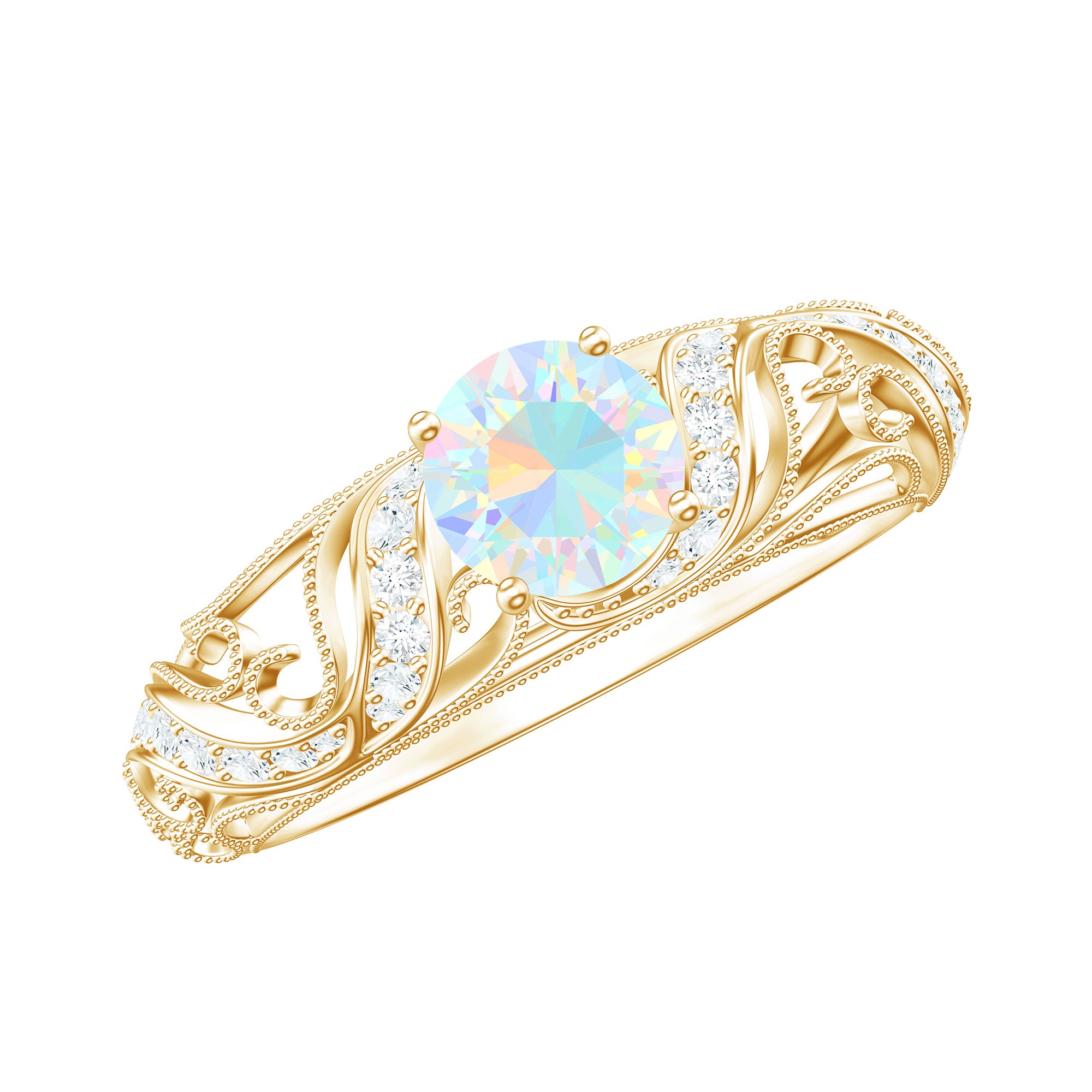 Round Shape Genuine Ethiopian Opal Vintage Inspired Engagement Ring with Diamond Ethiopian Opal - ( AAA ) - Quality - Rosec Jewels