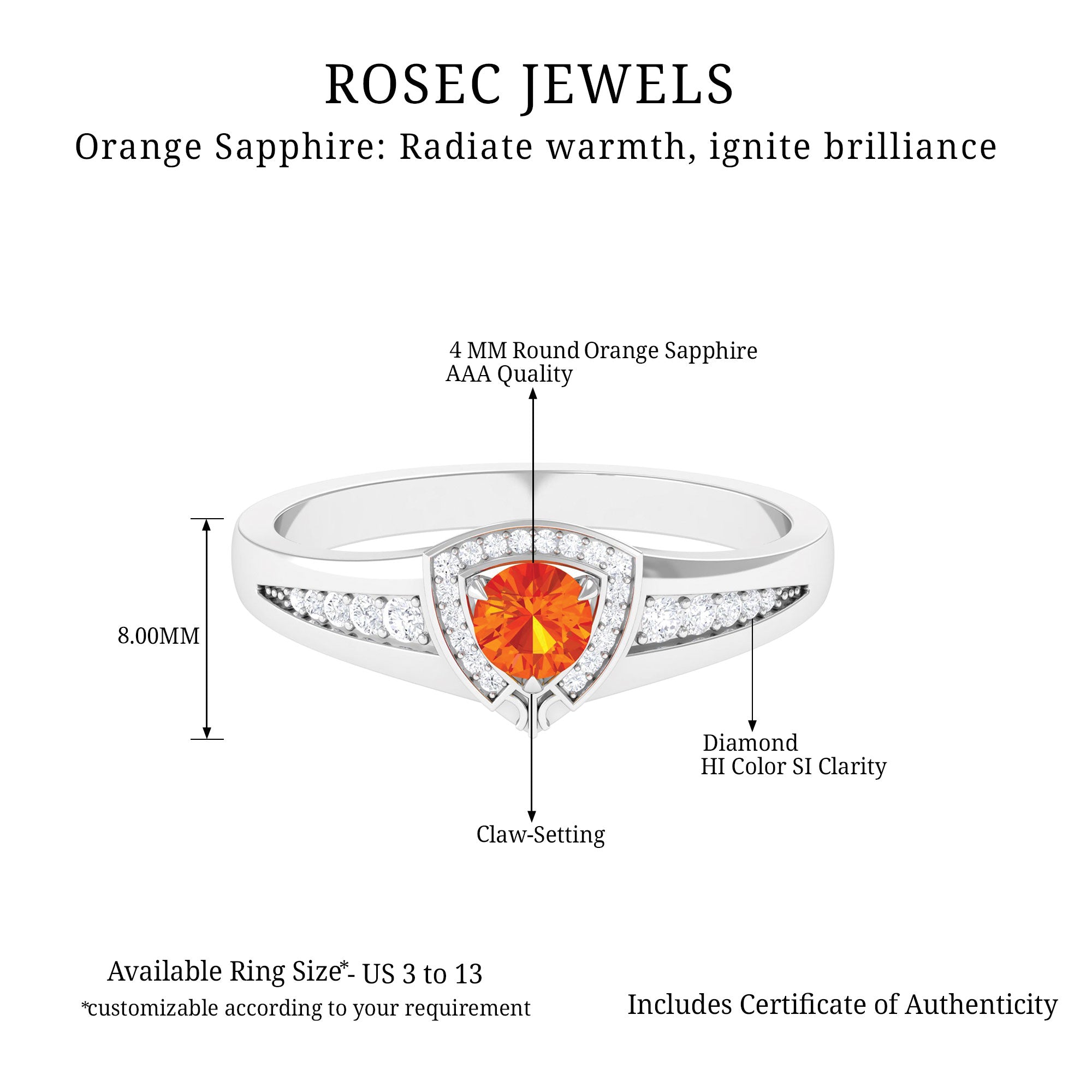 Vintage Inspired Orange Sapphire and Diamond Anniversary Ring Orange Sapphire - ( AAA ) - Quality - Rosec Jewels