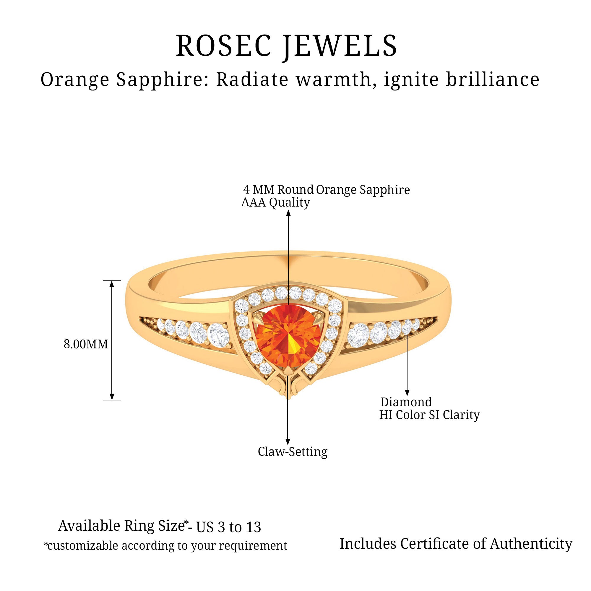 Vintage Inspired Orange Sapphire and Diamond Anniversary Ring Orange Sapphire - ( AAA ) - Quality - Rosec Jewels