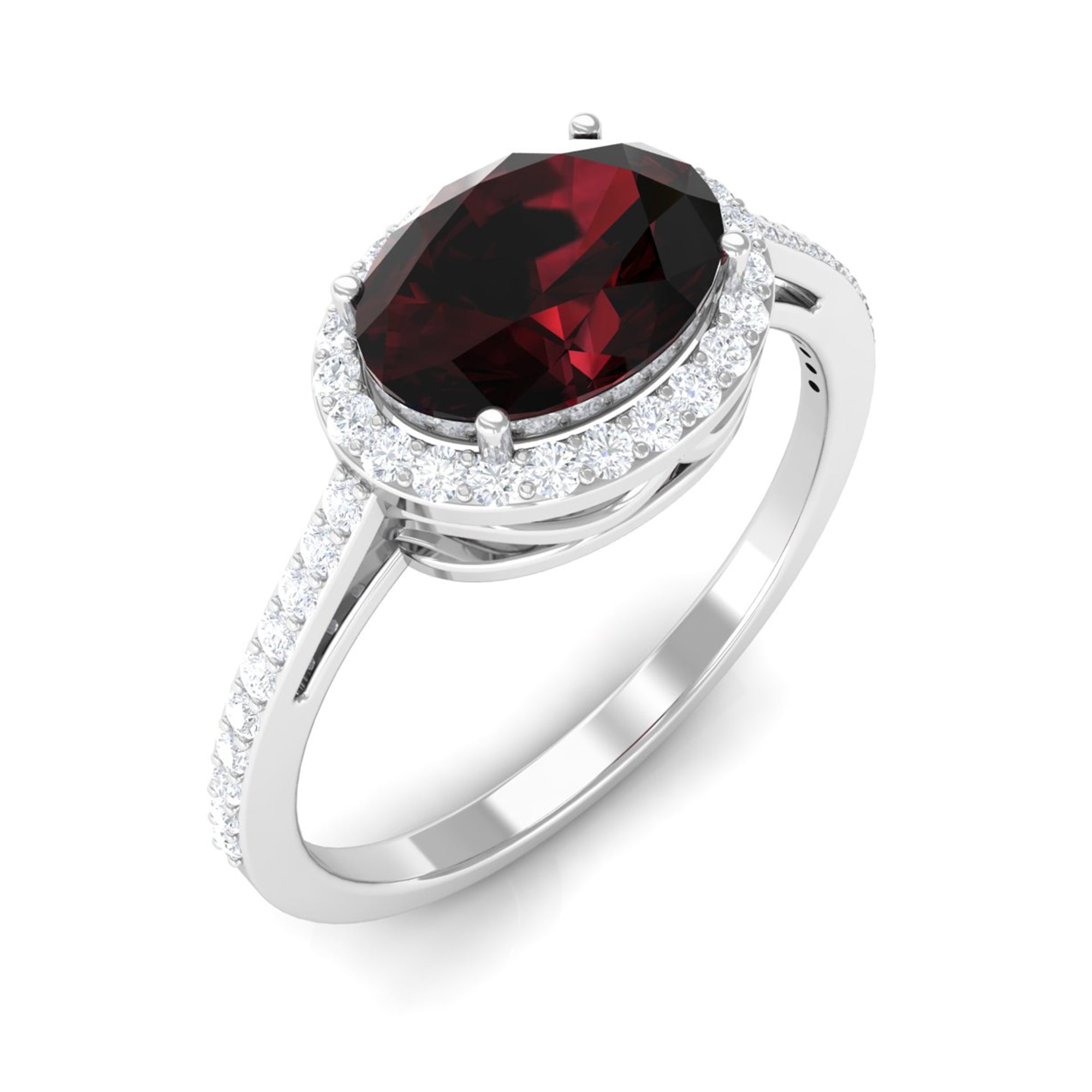 Oval Cut Garnet East West Engagement Ring with Diamond Halo Garnet - ( AAA ) - Quality - Rosec Jewels