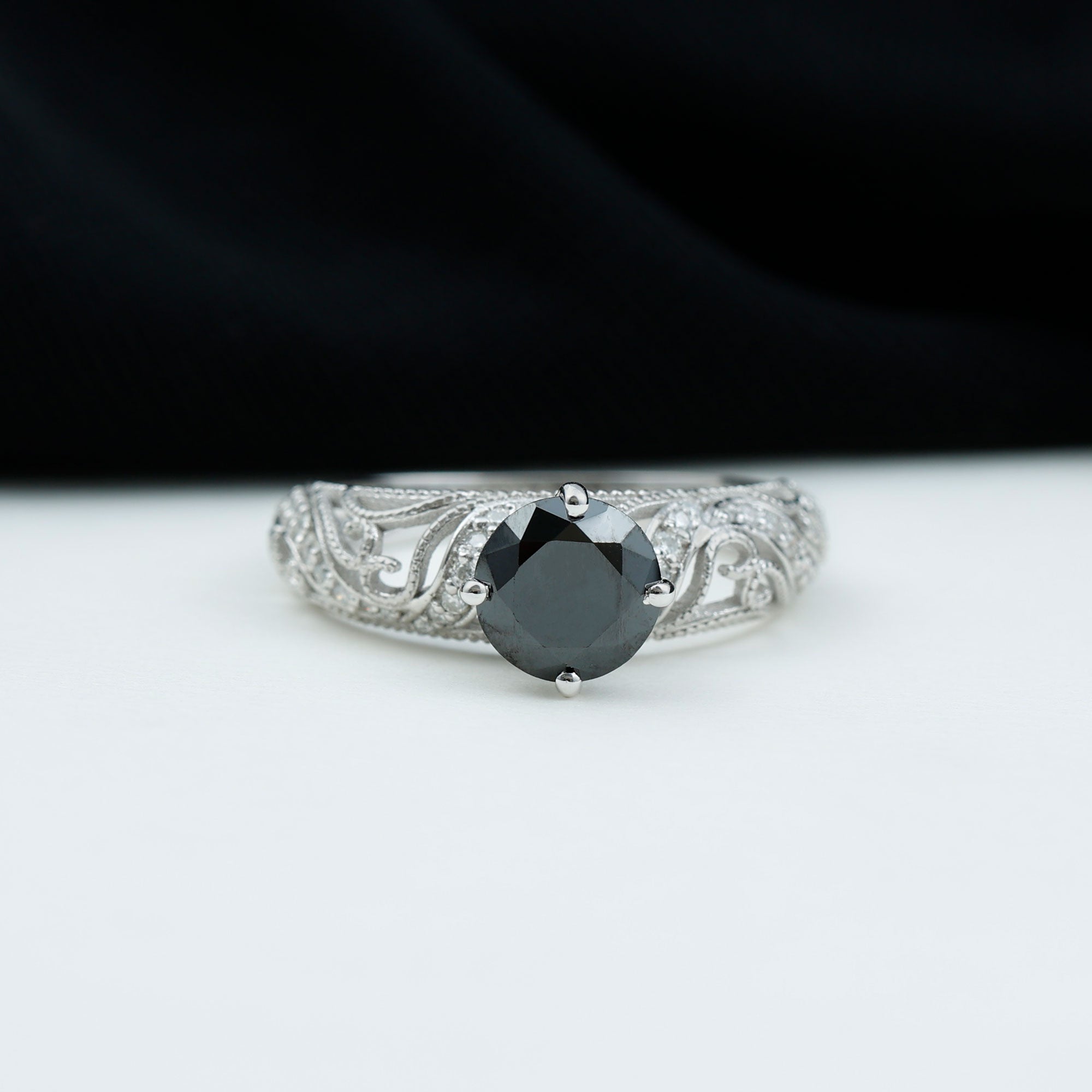 Round Created Black Diamond Vintage Inspired Engagement Ring with Diamond Lab Created Black Diamond - ( AAAA ) - Quality - Rosec Jewels