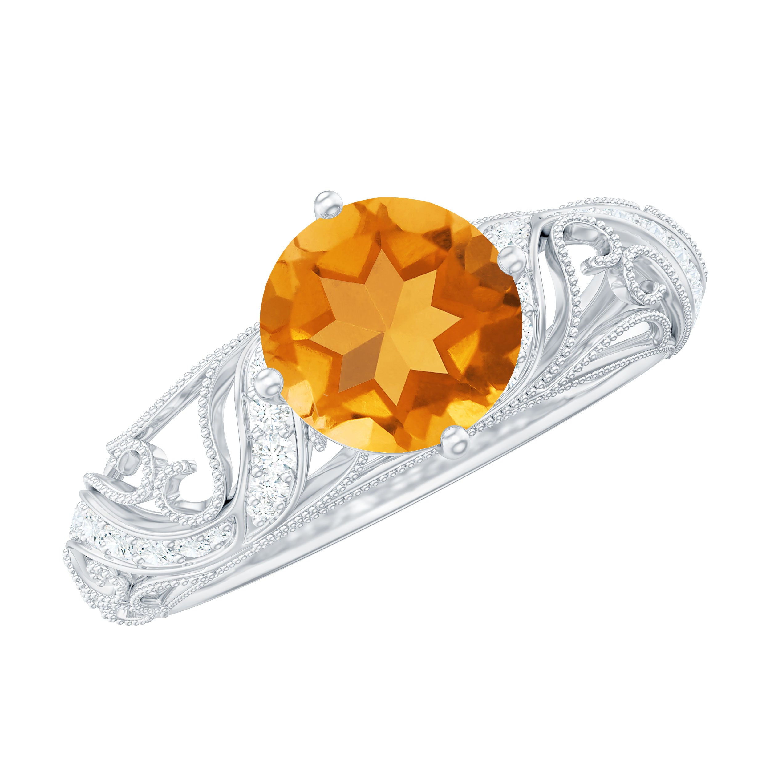 1/4 CT Round Shape Citrine and Diamond Milgrain Engagement Ring Citrine - ( AAA ) - Quality - Rosec Jewels