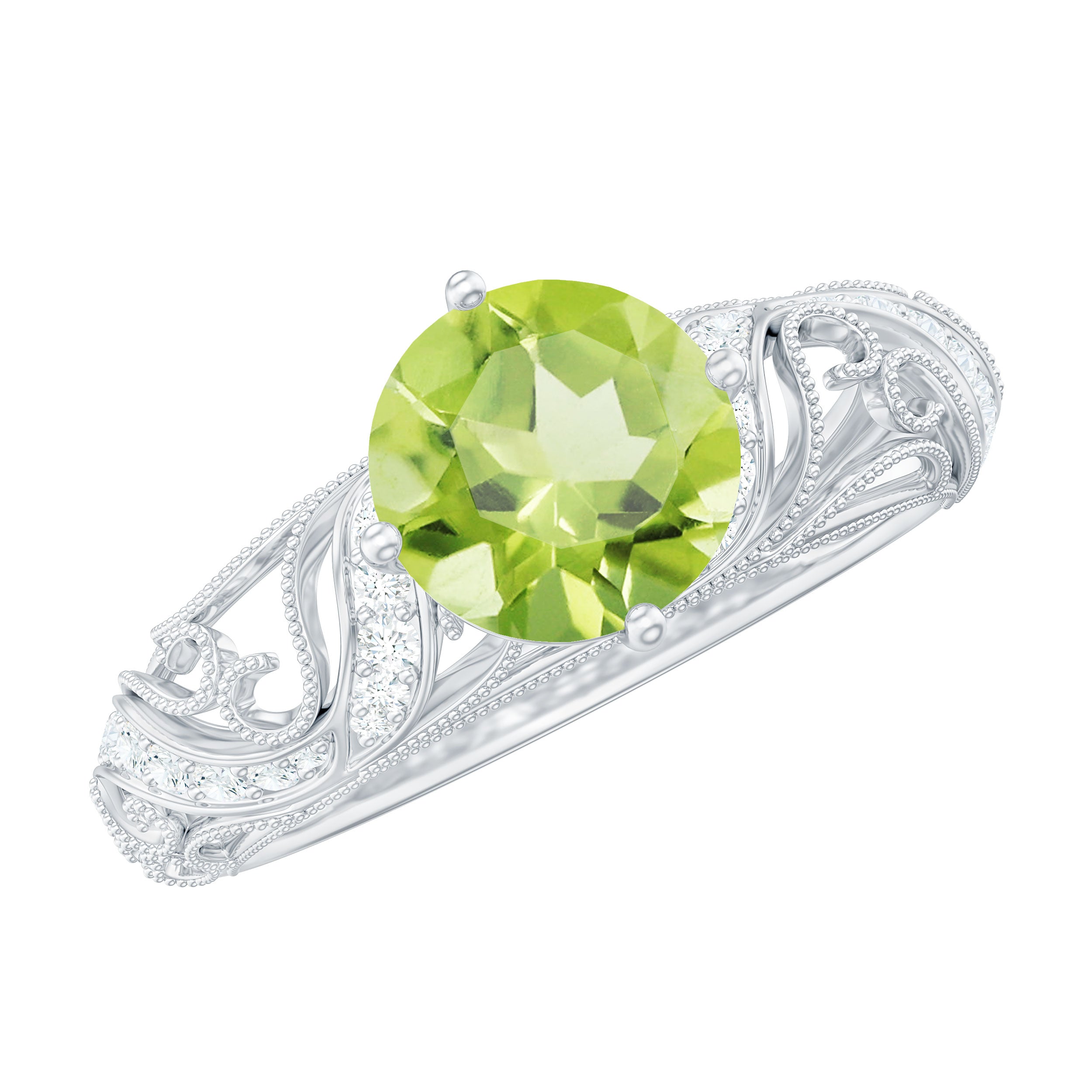 Solitaire Peridot Vintage Inspired Engagement Ring with Diamond Peridot - ( AAA ) - Quality - Rosec Jewels