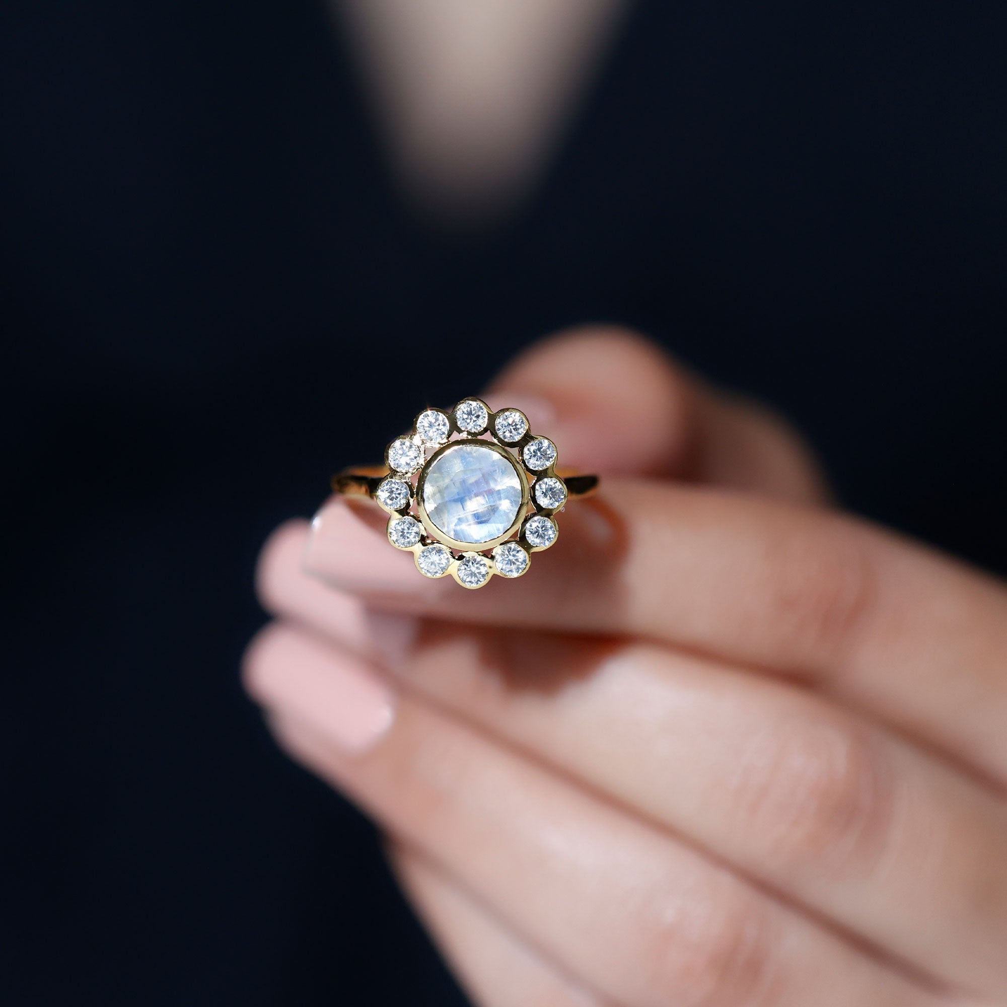 1.75 CT Round Moonstone and Diamond Statement Halo Ring in Bezel Setting Moonstone - ( AAA ) - Quality - Rosec Jewels