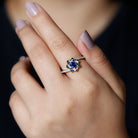 Lab Grown Blue Sapphire and Diamond Flower Bypass Ring Lab Created Blue Sapphire - ( AAAA ) - Quality - Rosec Jewels