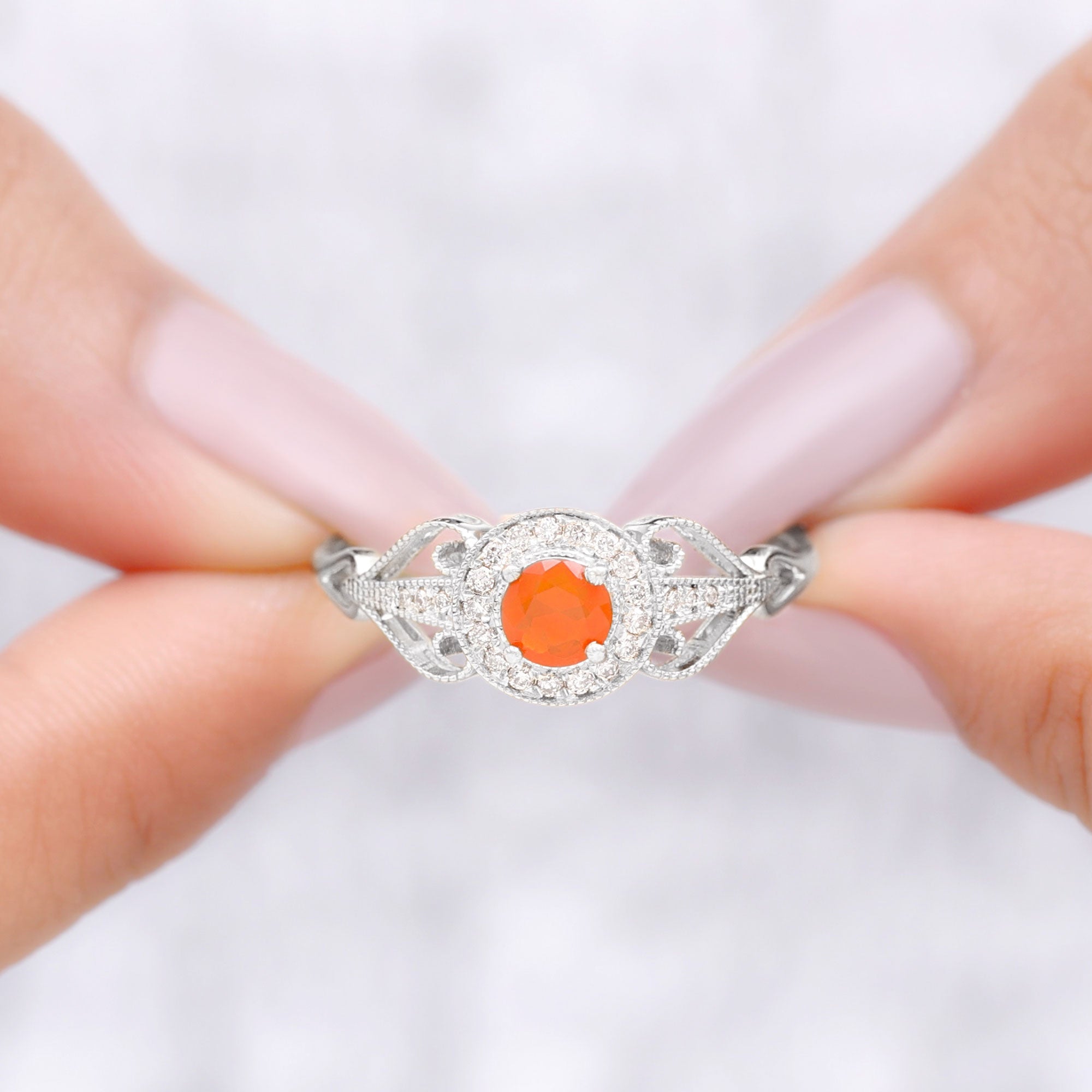 Vintage Fire Opal Diamond Engagement Ring with Beaded Detail Rosec Jewels