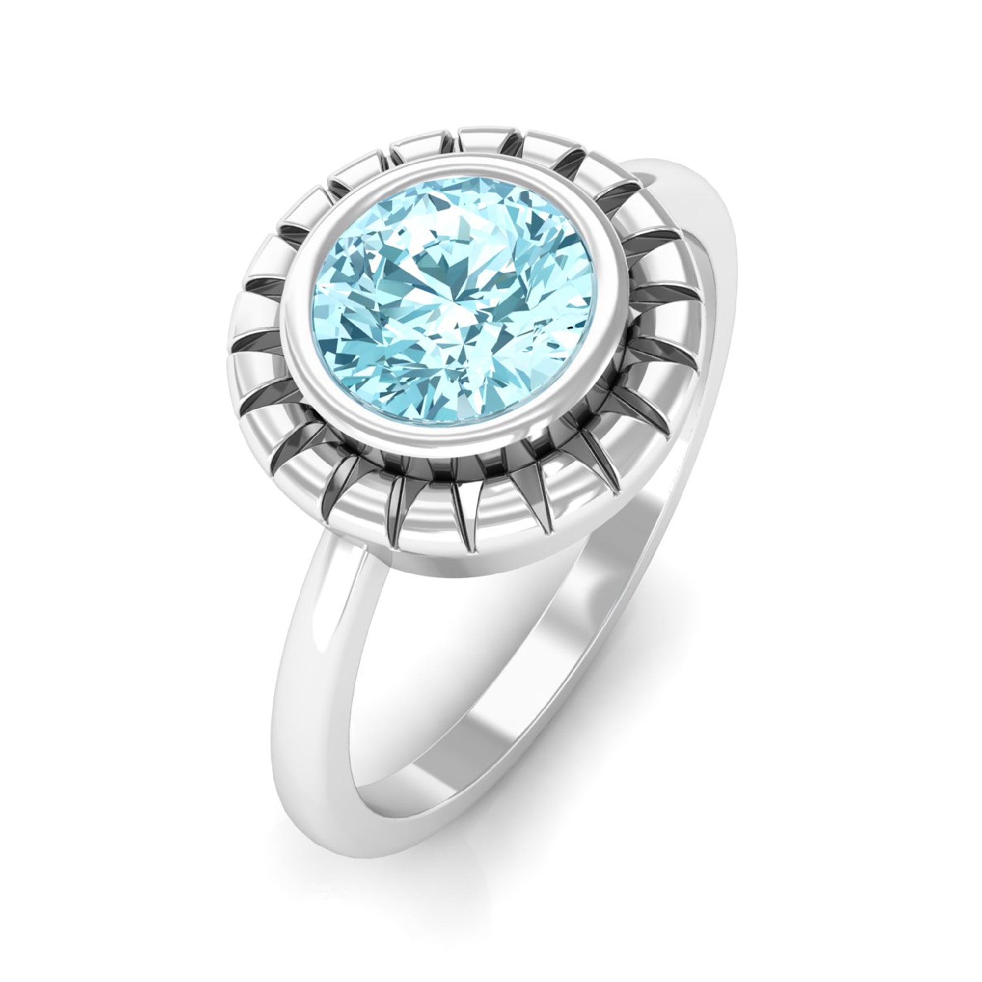 Bezel Set Aquamarine Solitaire Engagement Ring Aquamarine - ( AAA ) - Quality - Rosec Jewels