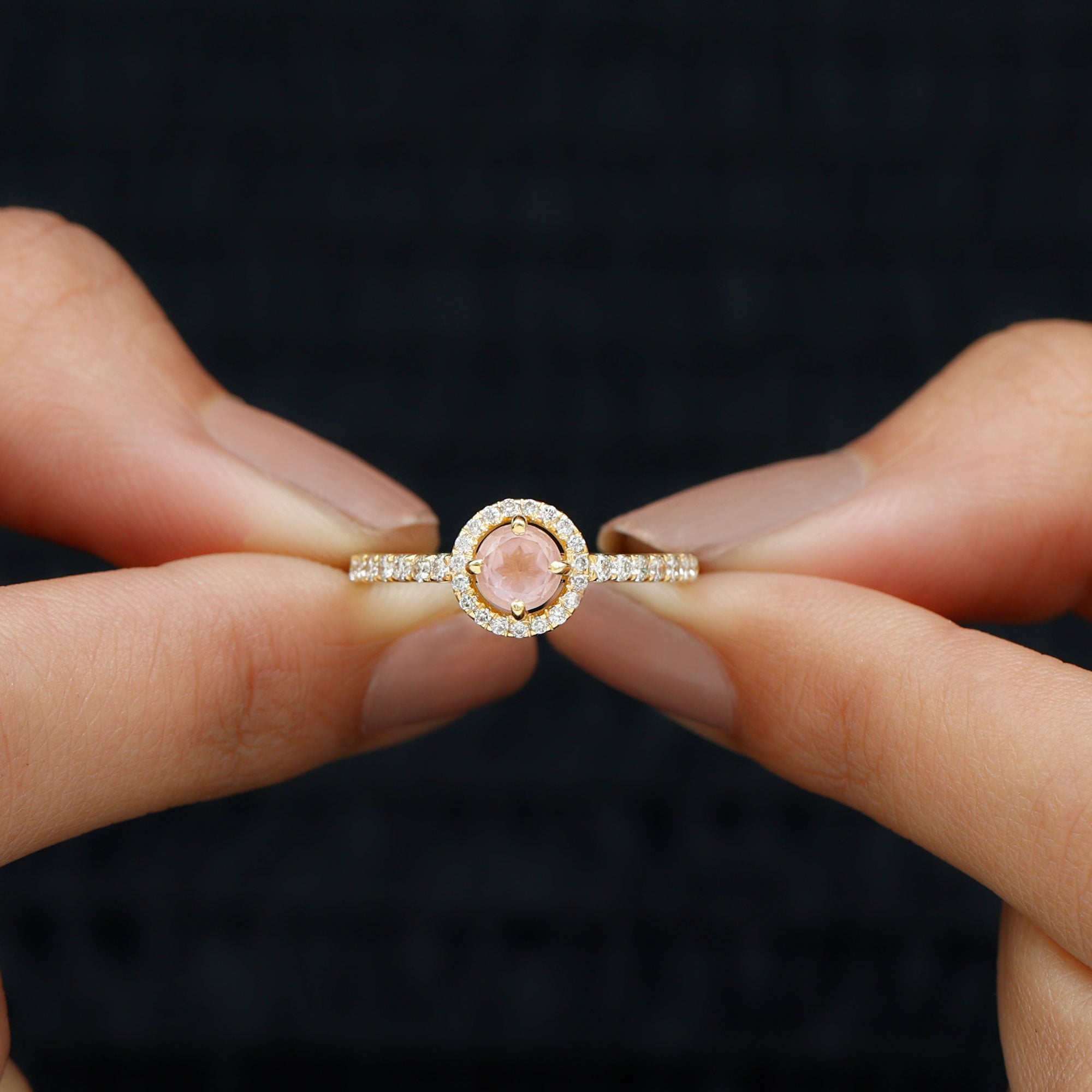 Minimal Rose Quartz Halo Engagement Ring with Diamond Rose Quartz - ( AAA ) - Quality - Rosec Jewels