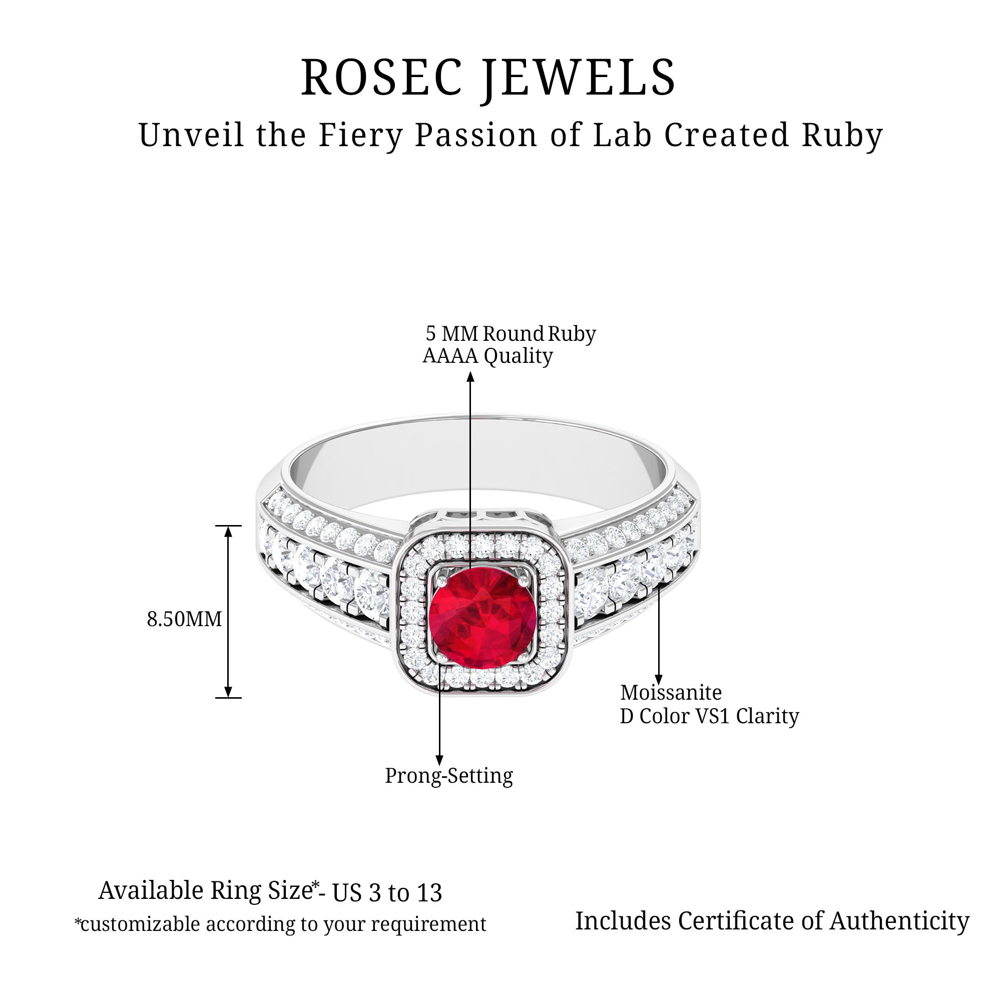 Lab Grown Ruby and Moissanite Halo Engagement Ring Lab Created Ruby - ( AAAA ) - Quality - Rosec Jewels