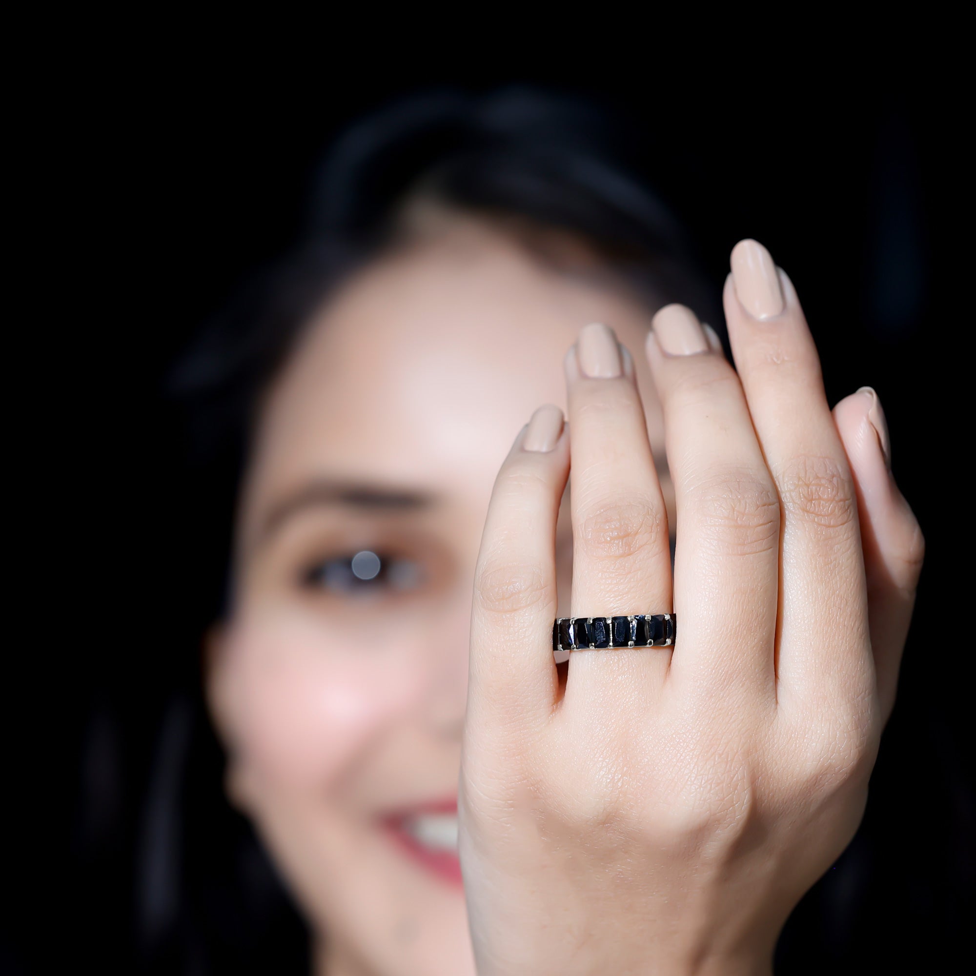 Emerald Cut Black Onyx Full Eternity Ring in Shared Prong Setting Rosec Jewels