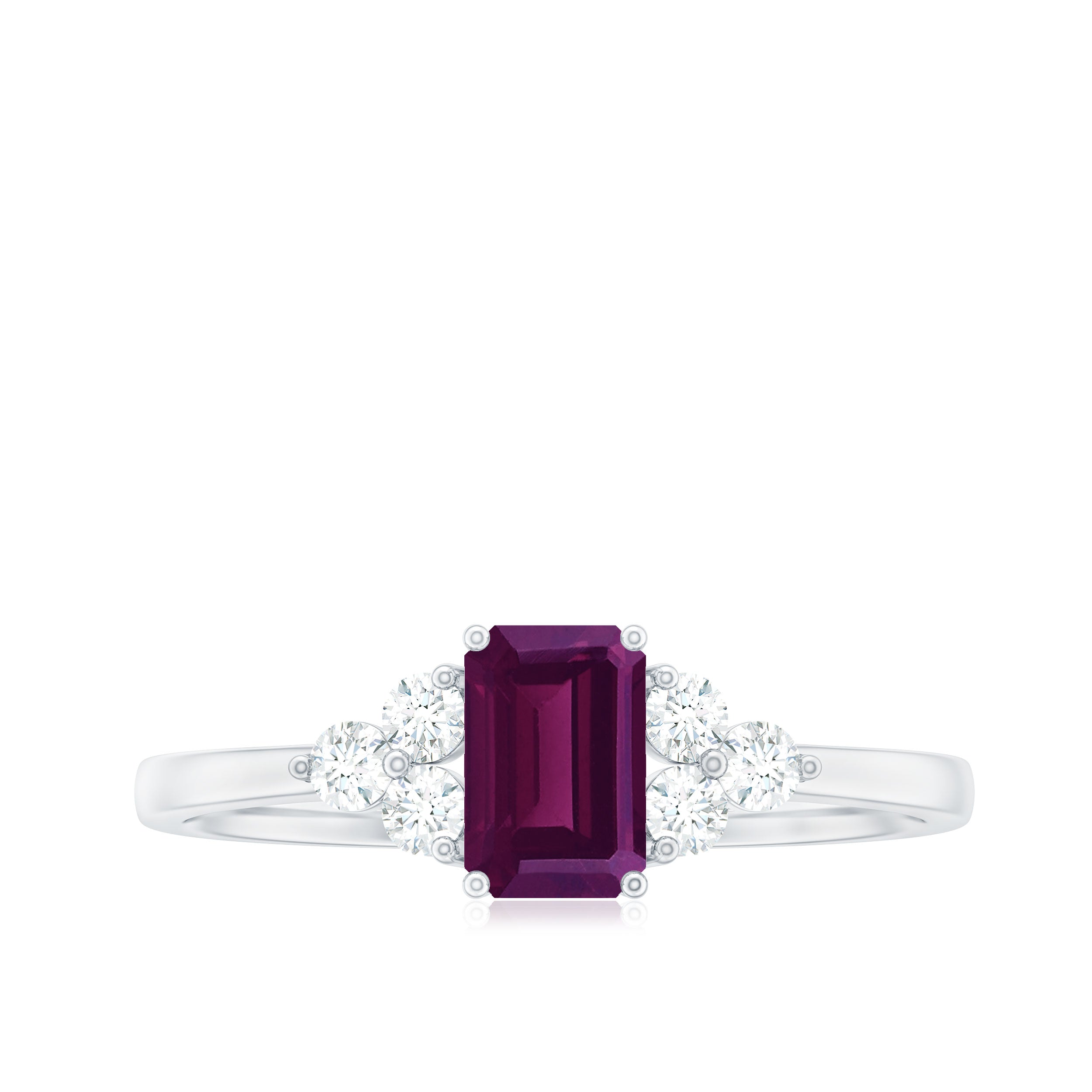 1 CT Octagon Cut Rhodolite Solitaire Ring with Diamond Trio Rhodolite - ( AAA ) - Quality - Rosec Jewels