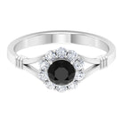 Black Onyx and Diamond Flower Halo Ring with Split Shank Black Onyx - ( AAA ) - Quality - Rosec Jewels