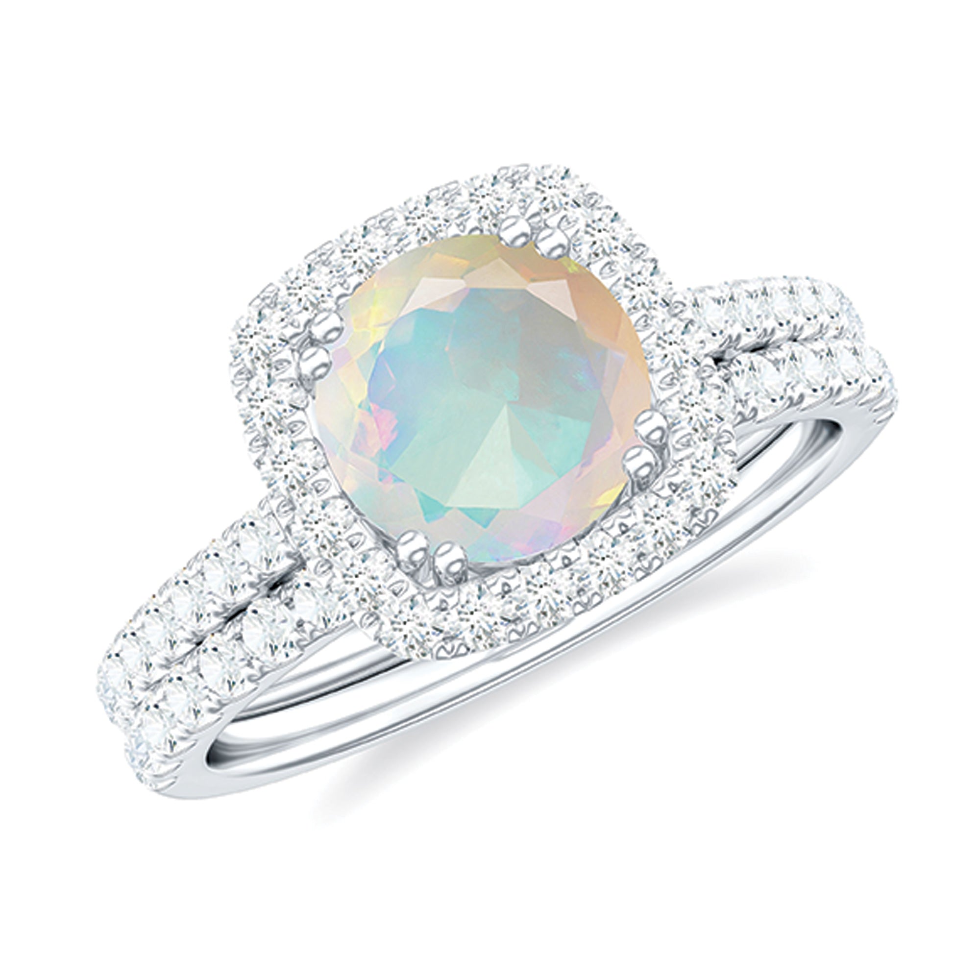 Rosec Jewels-3.25 CT Ethiopian Opal and Moissanite Halo Ring Set in Gold