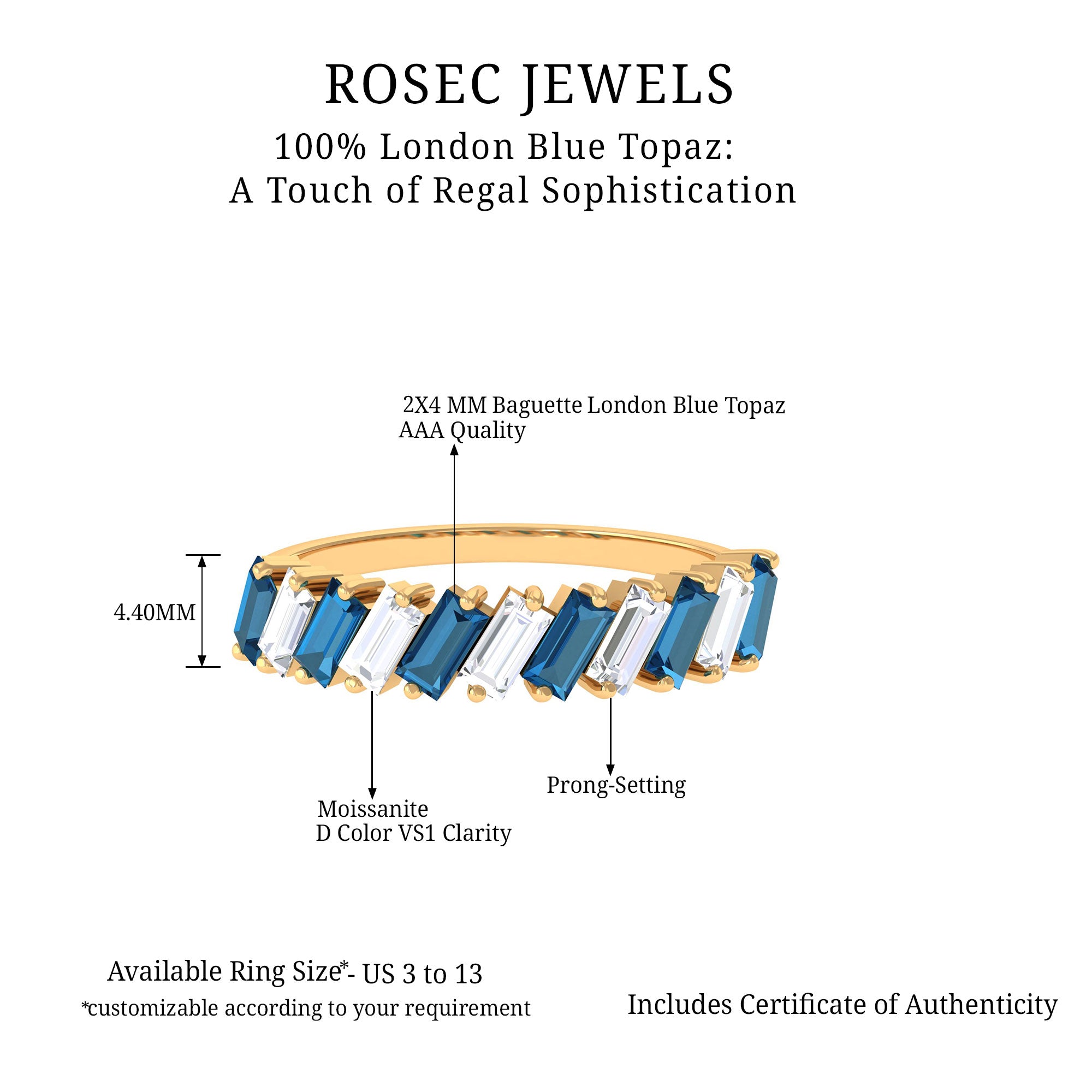 Tilted Baguette Cut London Blue Topaz and Moissanite Half Eternity Ring London Blue Topaz - ( AAA ) - Quality - Rosec Jewels