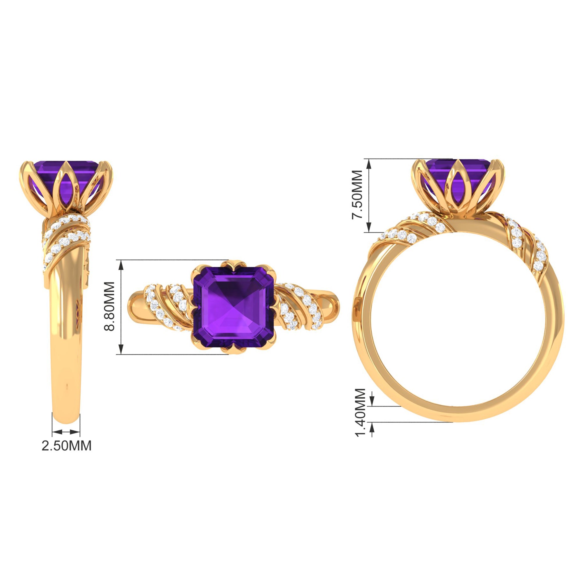 Asscher Cut Amethyst Designer Engagement Ring with Diamond Amethyst - ( AAA ) - Quality - Rosec Jewels