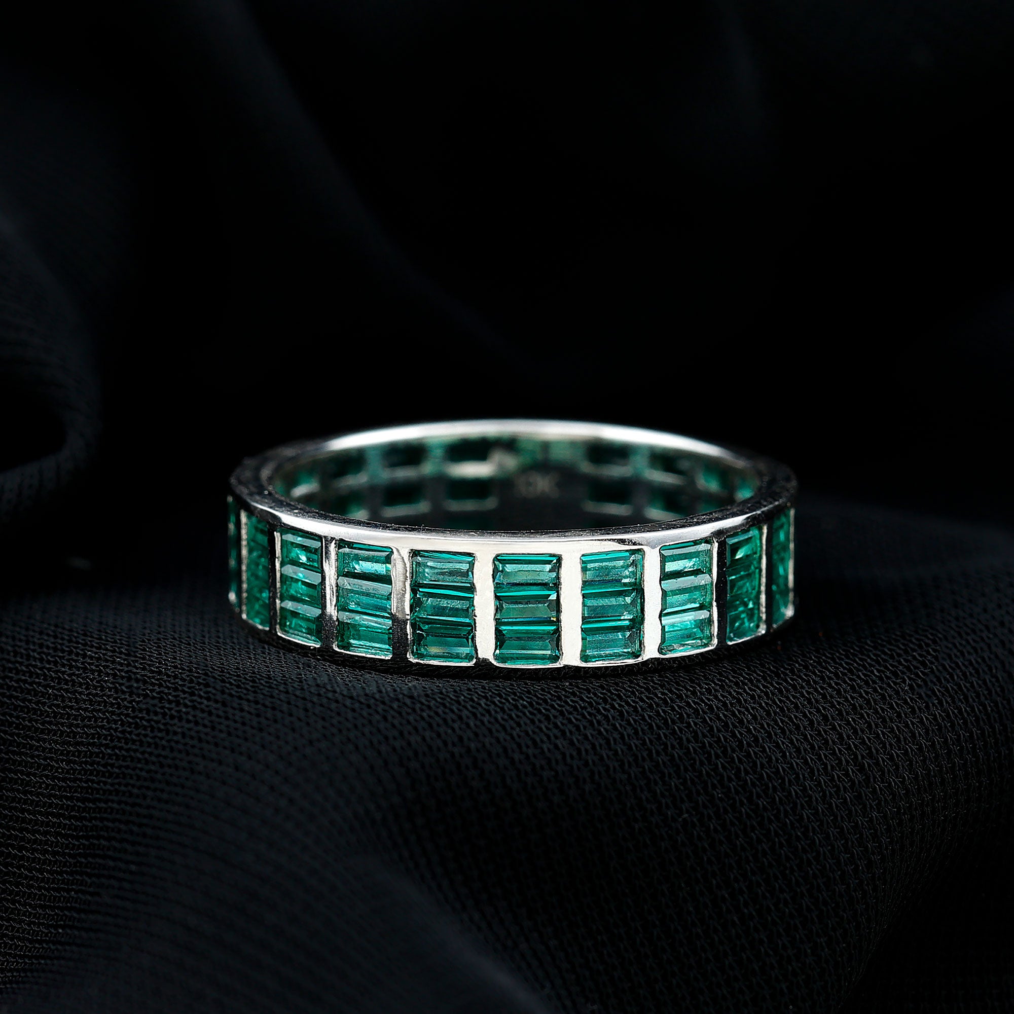 Baguette Cut Lab Grown Emerald 3 Row Wide Eternity Band Lab Created Emerald - ( AAAA ) - Quality - Rosec Jewels
