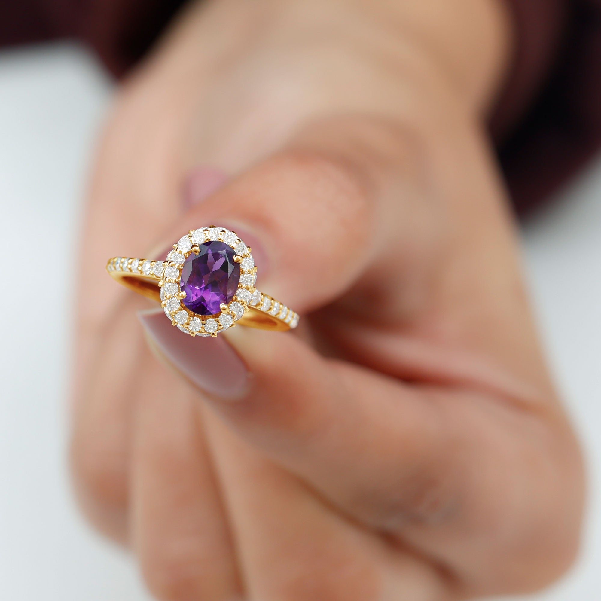 Oval Amethyst Engagement Ring with Moissanite Halo Amethyst - ( AAA ) - Quality - Rosec Jewels
