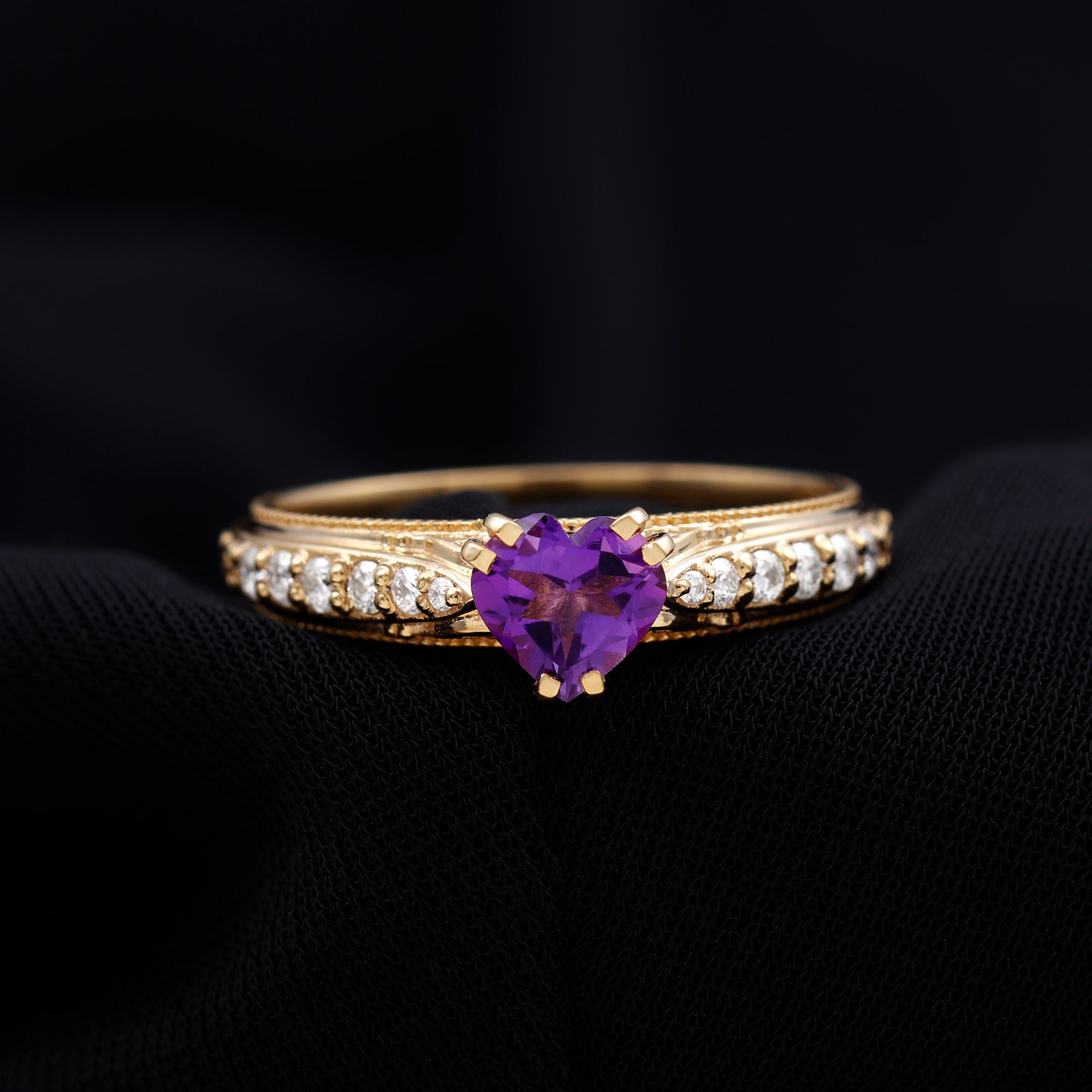 Vintage Style Amethyst Heart Engagement Ring with Diamond Amethyst - ( AAA ) - Quality - Rosec Jewels